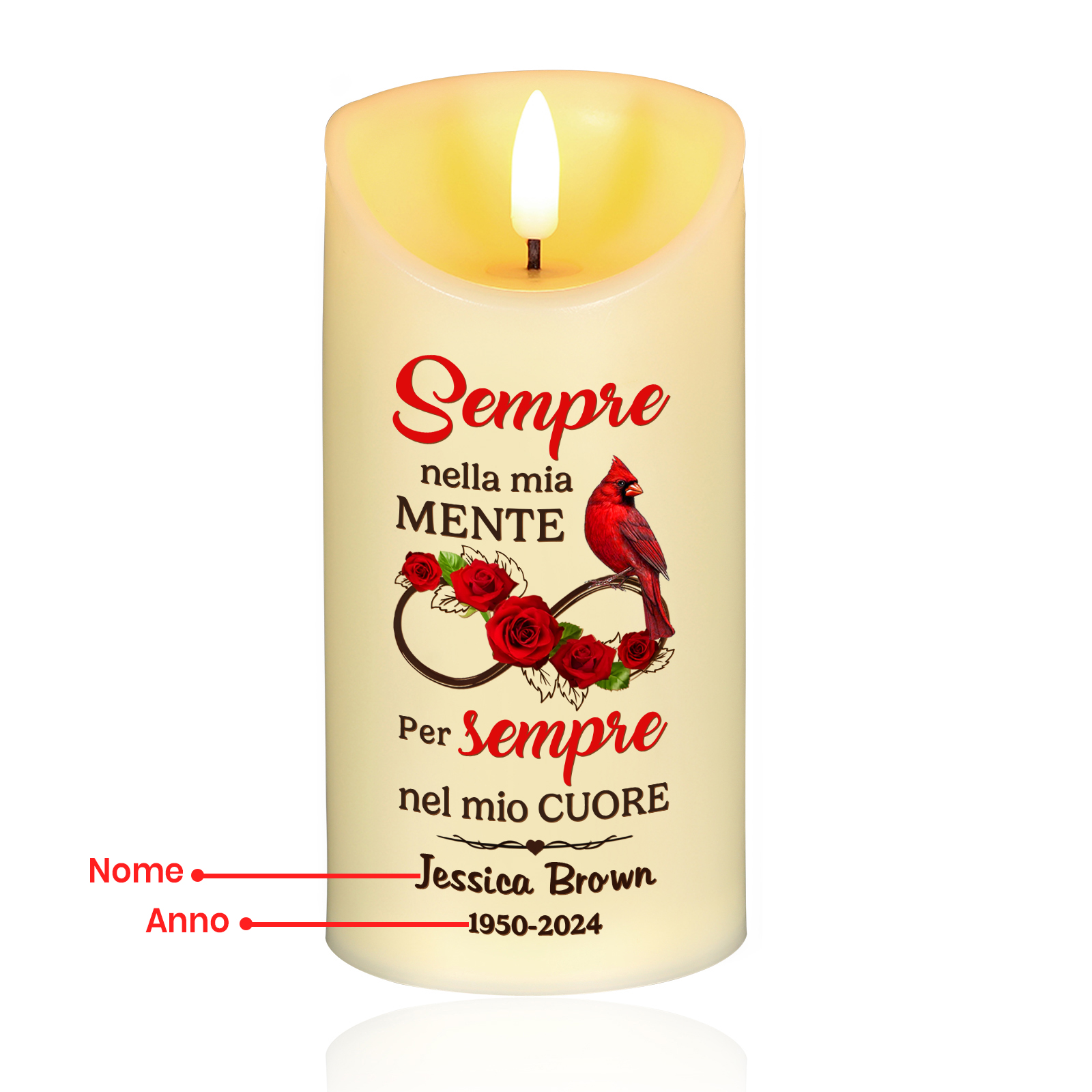 Candela LED Commemorativa Personalizzata con Nome e Date – Ricordo Speciale e Significativo | Jessemade