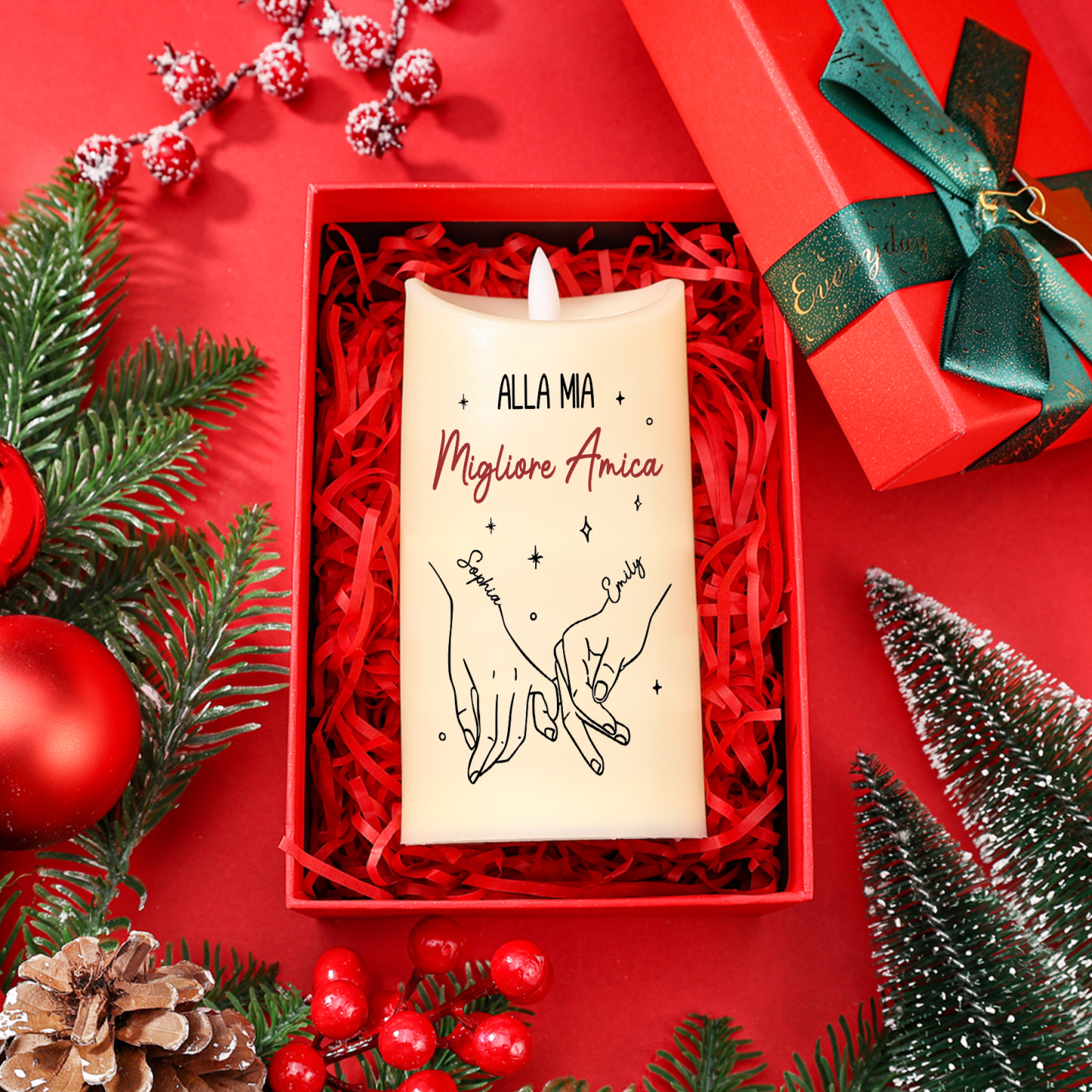 Candela LED Personalizzata con Dedica, 2 Nomi e Simbolo delle Mani Intrecciate – Regalo di Natale per Lui o Lei | Jessemade