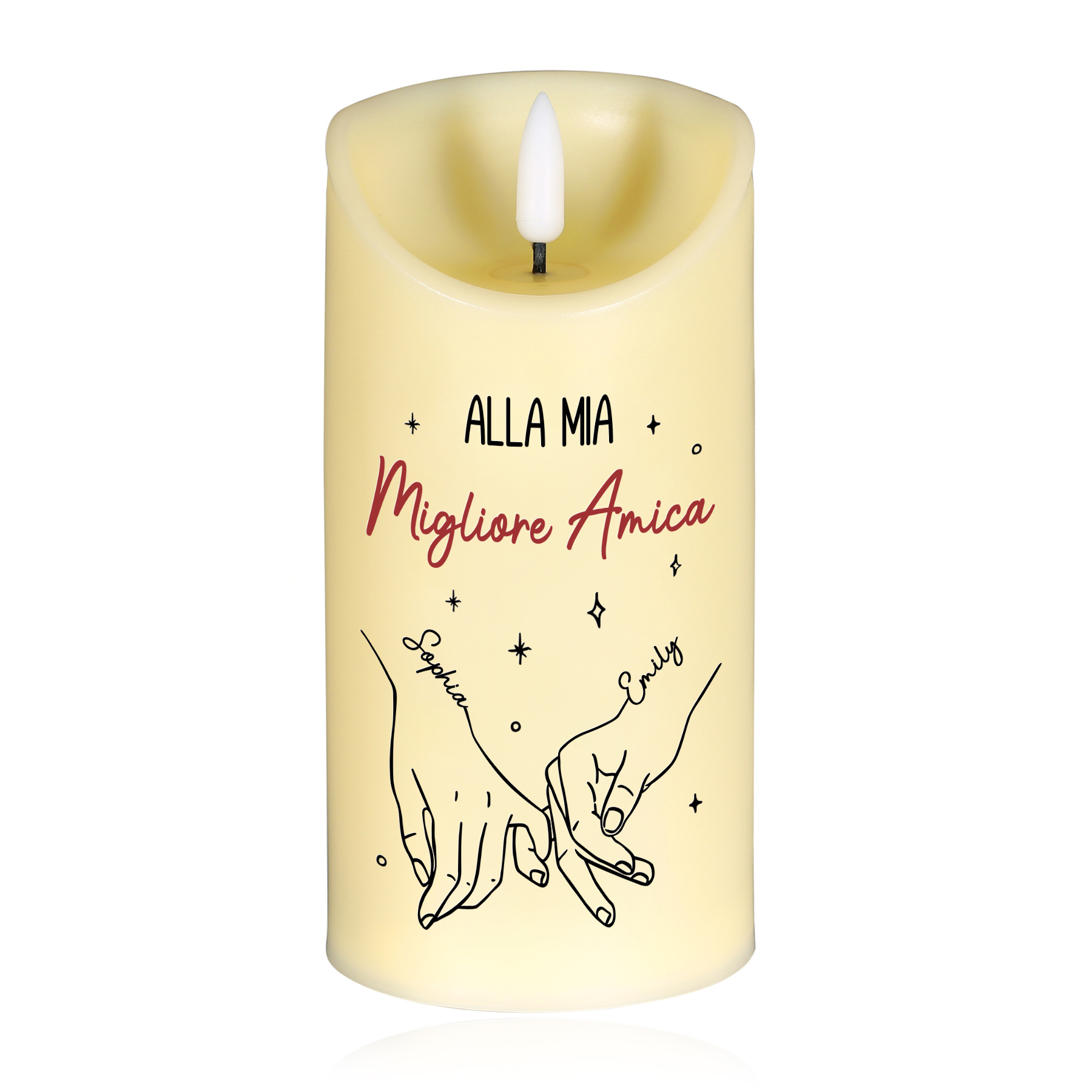 Candela LED Personalizzata con Dedica, 2 Nomi e Simbolo delle Mani Intrecciate – Regalo di Natale per Lui o Lei | Jessemade