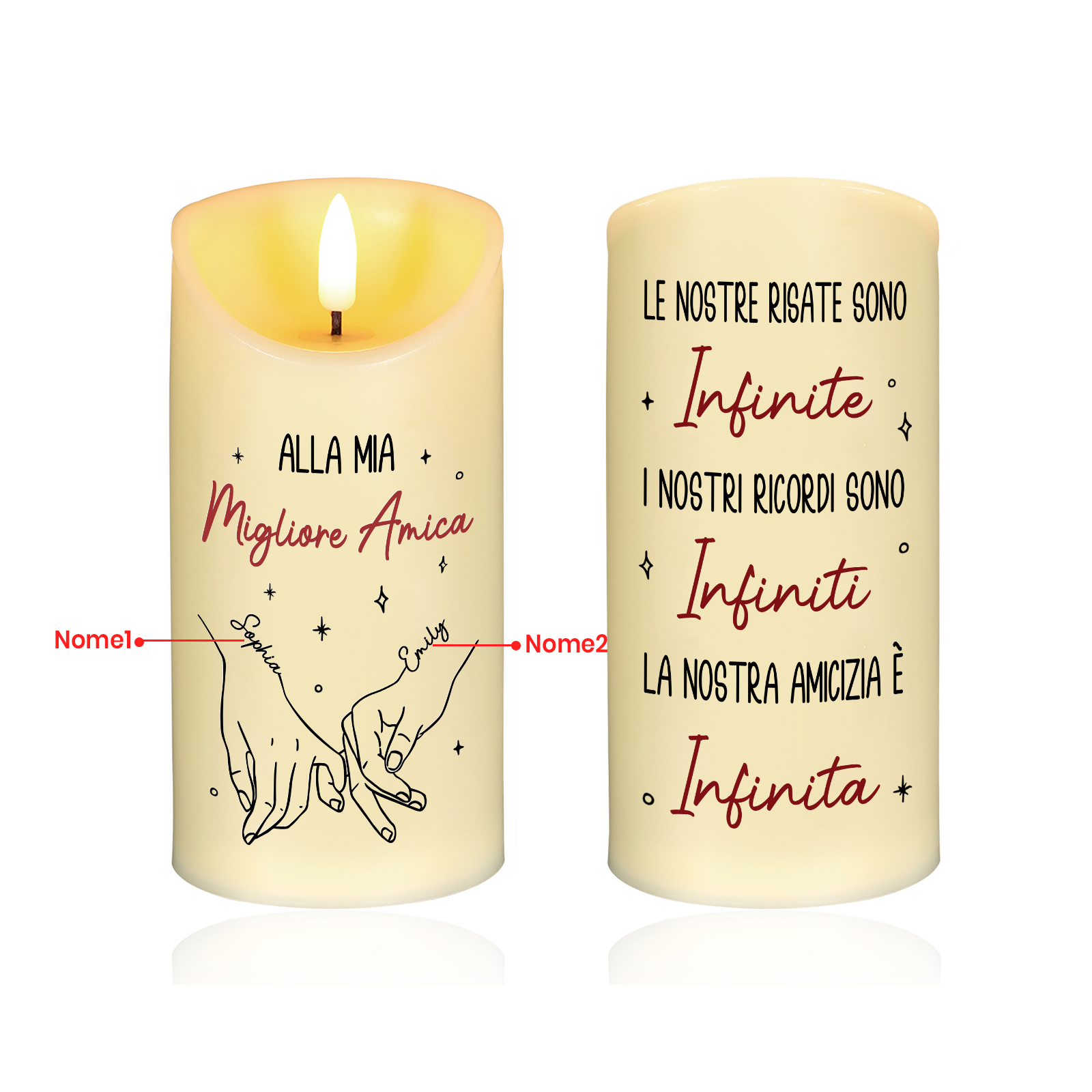 Candela LED Personalizzata con Dedica, 2 Nomi e Simbolo delle Mani Intrecciate – Regalo di Natale per Lui o Lei | Jessemade