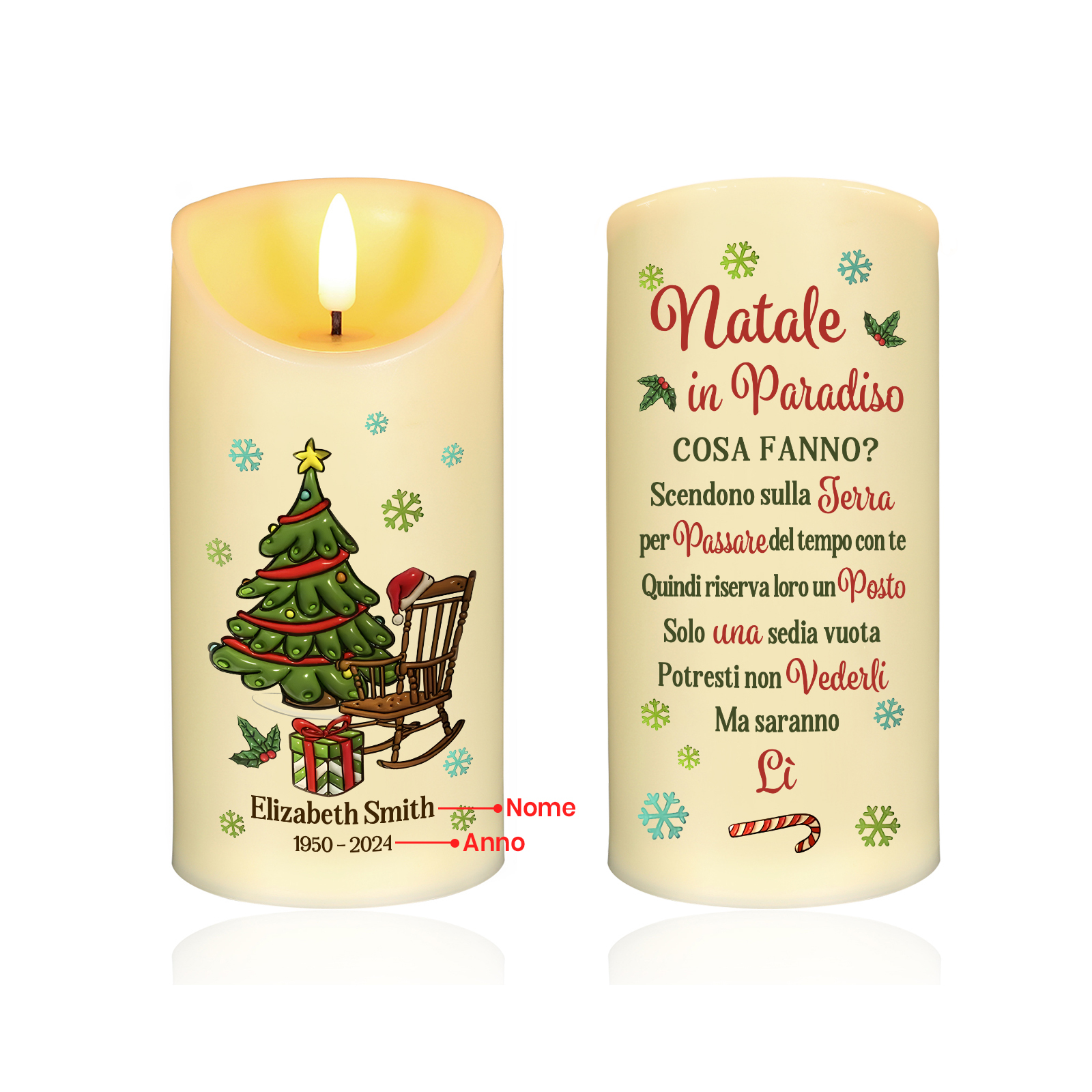 Candela LED Commemorativa Personalizzata con 1 Nome e 1 Data - "Natale in Paradiso"  - Regalo di Natale per Famiglia | Jessemade