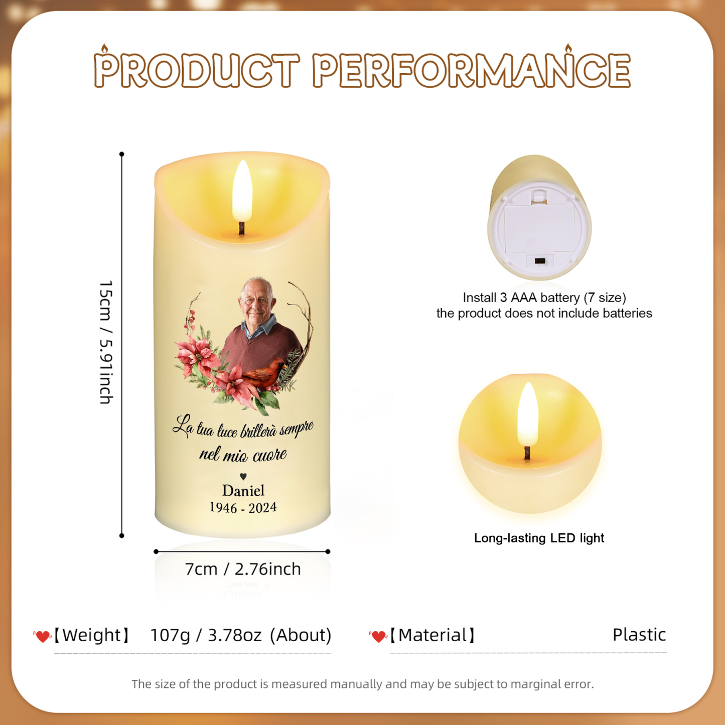 Candela LED Commemorativa Personalizzata con 1 Nome, 1 Foto e 1 Data - "La Tua Luce Brillerà Sempre nel Mio Cuore" - Regalo di Natale per Famiglia | Jessemade