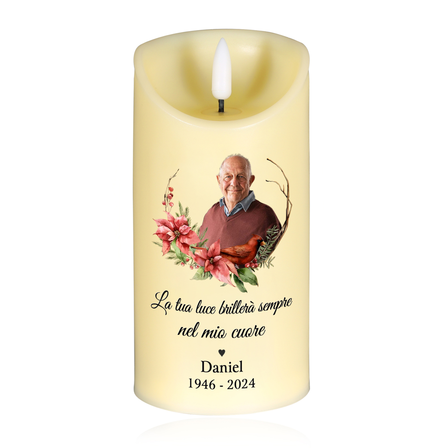 Candela LED Commemorativa Personalizzata con 1 Nome, 1 Foto e 1 Data - "La Tua Luce Brillerà Sempre nel Mio Cuore" - Regalo di Natale per Famiglia | Jessemade