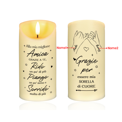 Candela LED Personalizzata con 2 Nomi e Disegno delle Mani – "Grazie per essere Mia Sorella di Cuore" - Regalo di Natale per Lei | Jessemade