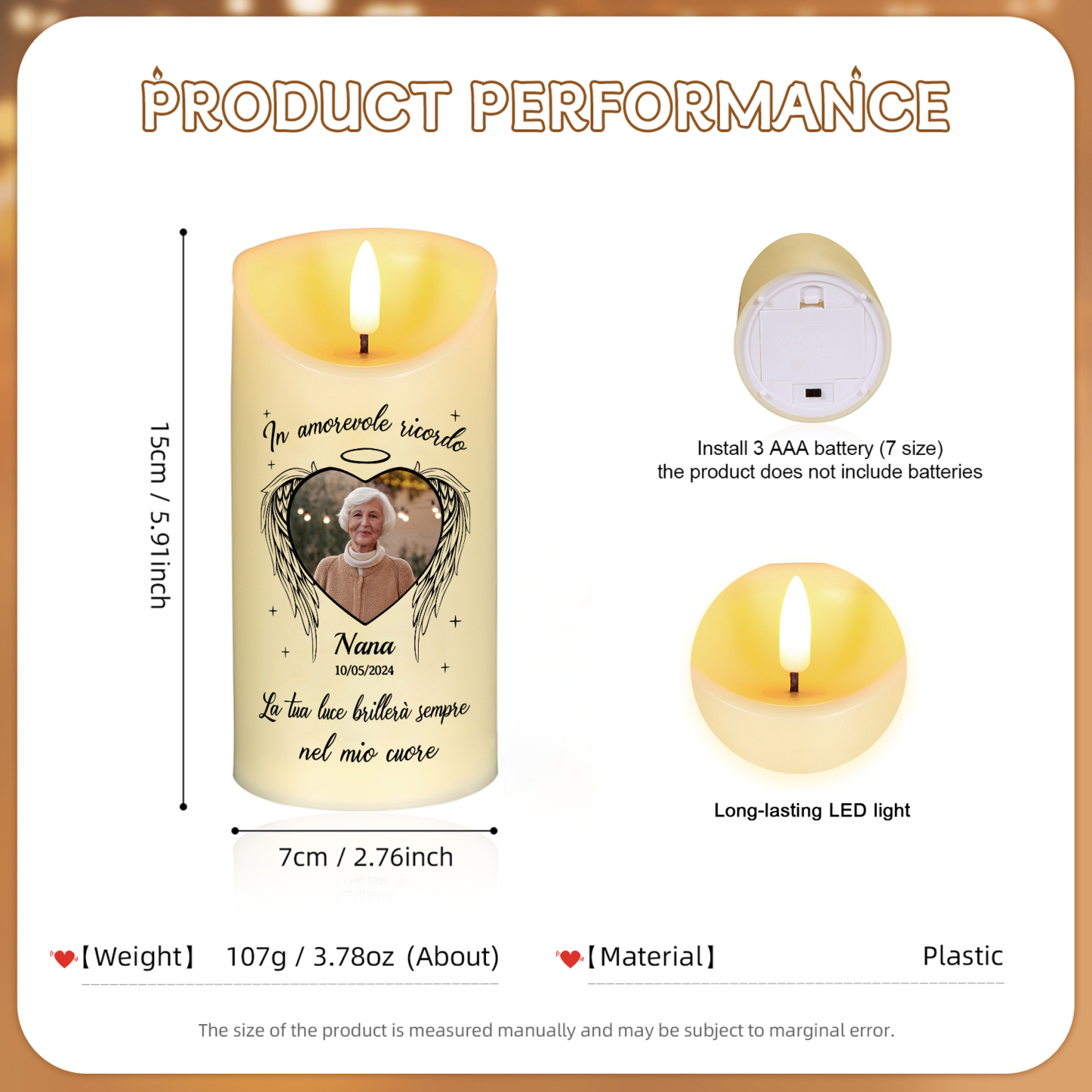 Candela LED Commemorativa Personalizzata con 1 Nome, 1 Foto e 1 Data - "La tua luce brillerà sempre nel mio cuore" - Regalo di Natale per Famiglia | Jessemade