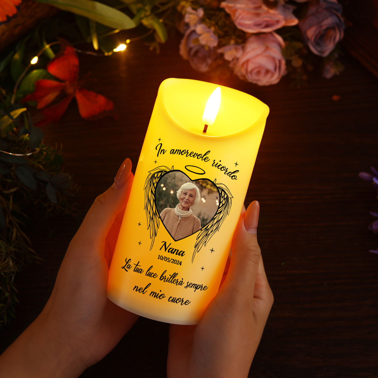 Candela LED Commemorativa Personalizzata con 1 Nome, 1 Foto e 1 Data - "La tua luce brillerà sempre nel mio cuore" - Regalo di Natale per Famiglia | Jessemade