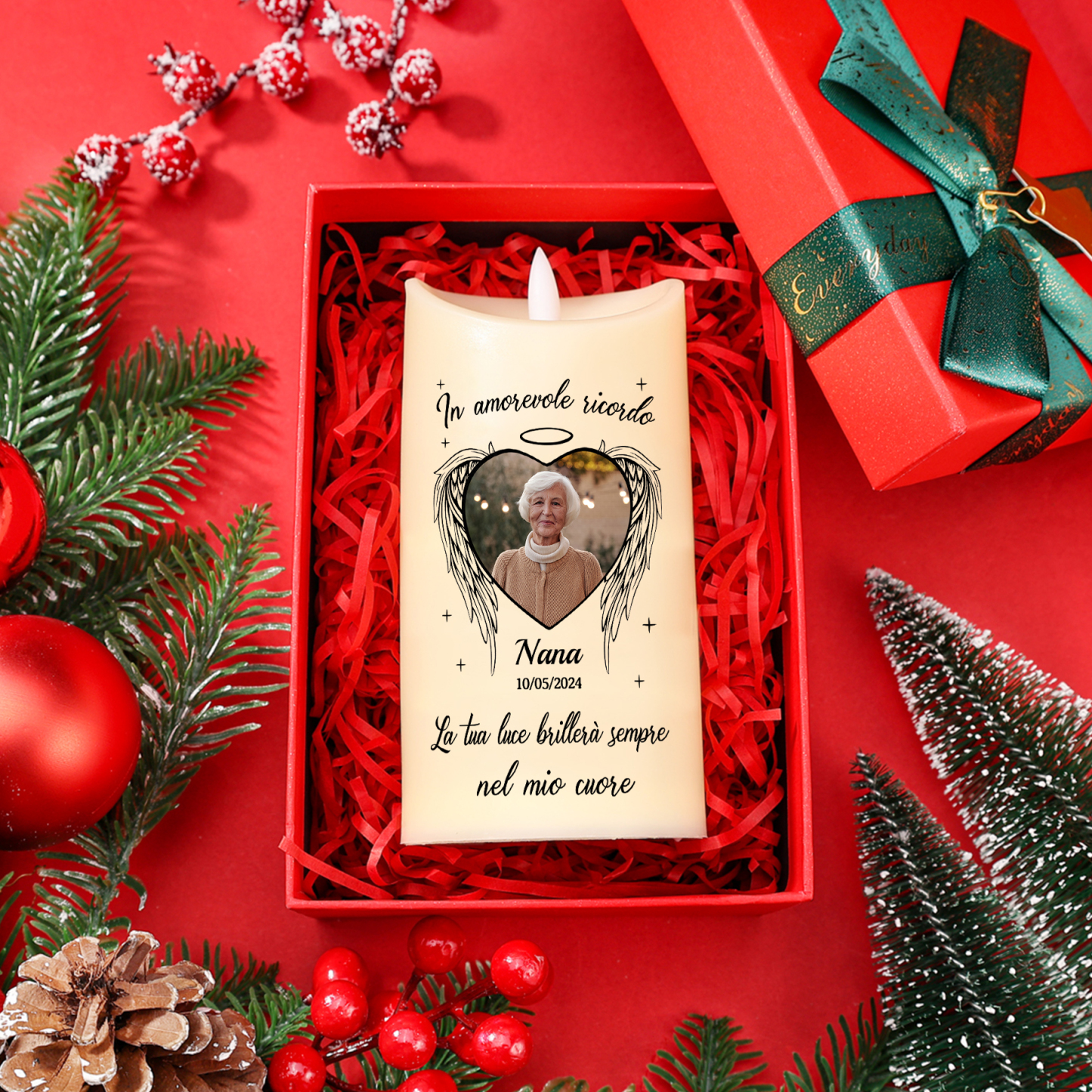Candela LED Commemorativa Personalizzata con 1 Nome, 1 Foto e 1 Data - "La tua luce brillerà sempre nel mio cuore" - Regalo di Natale per Famiglia | Jessemade