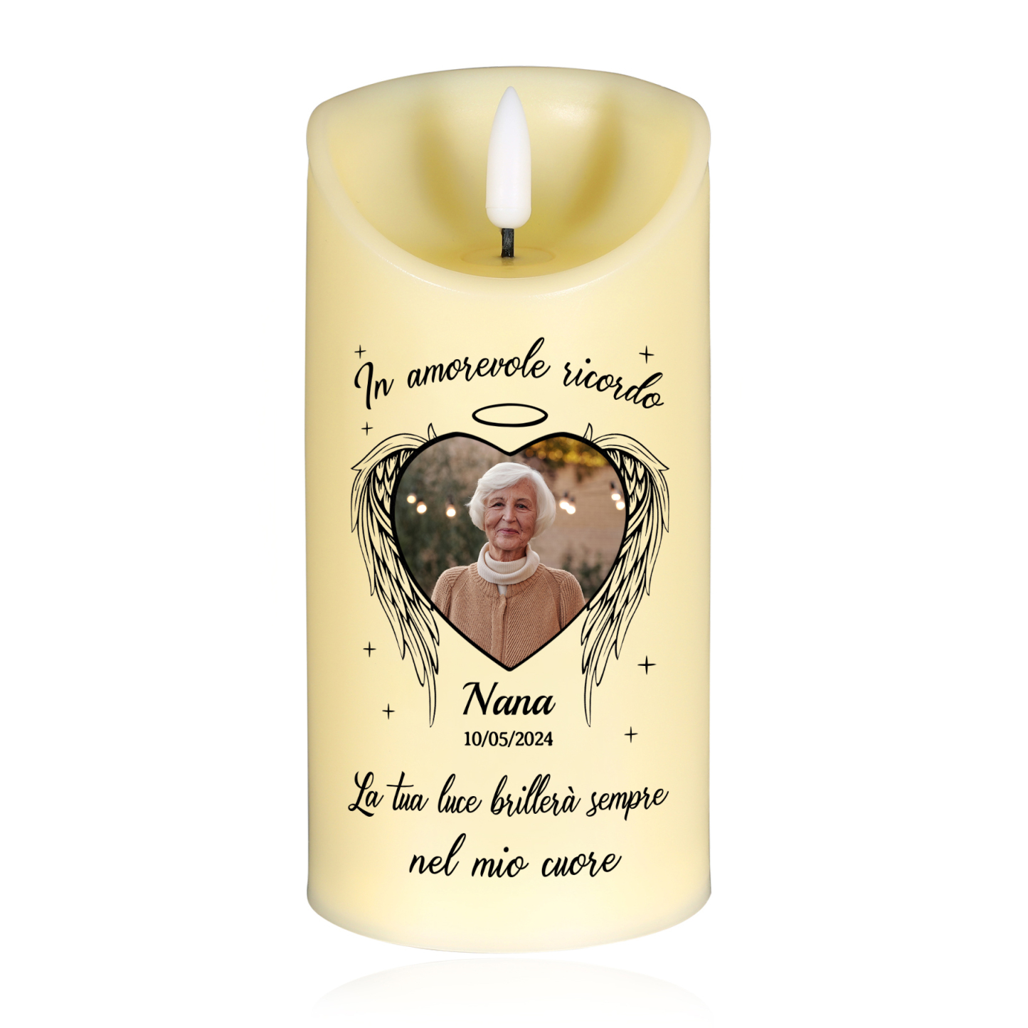 Candela LED Commemorativa Personalizzata con 1 Nome, 1 Foto e 1 Data - "La tua luce brillerà sempre nel mio cuore" - Regalo di Natale per Famiglia | Jessemade