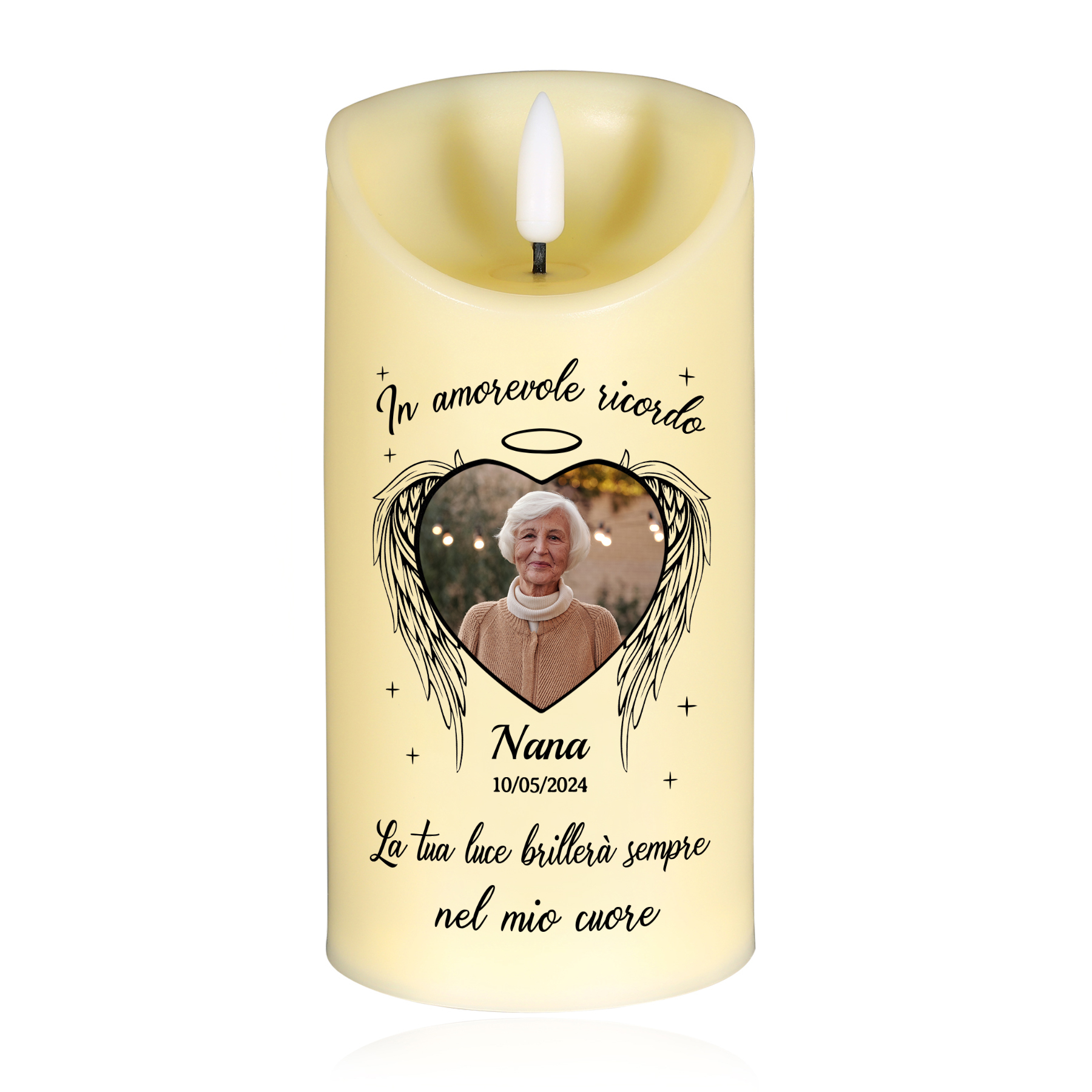 Candela LED Commemorativa Personalizzata con 1 Nome, 1 Foto e 1 Data - "La tua luce brillerà sempre nel mio cuore" - Regalo di Natale per Famiglia | Jessemade