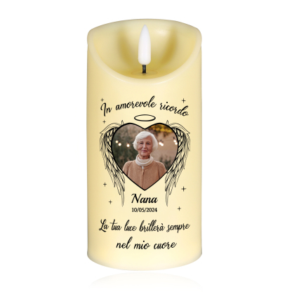 Candela LED Commemorativa Personalizzata con 1 Nome, 1 Foto e 1 Data - "La tua luce brillerà sempre nel mio cuore" - Regalo di Natale per Famiglia | Jessemade