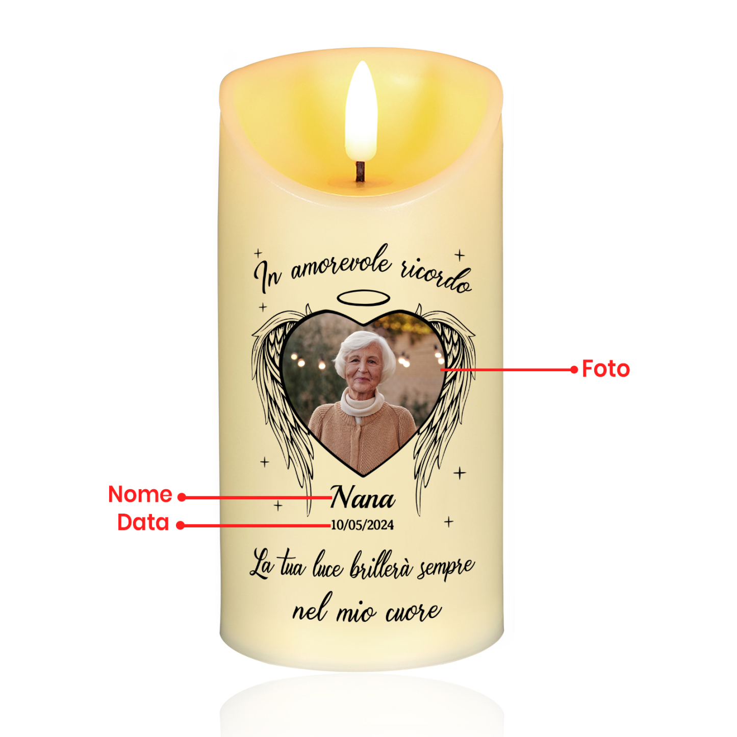 Candela LED Commemorativa Personalizzata con 1 Nome, 1 Foto e 1 Data - "La tua luce brillerà sempre nel mio cuore" - Regalo di Natale per Famiglia | Jessemade
