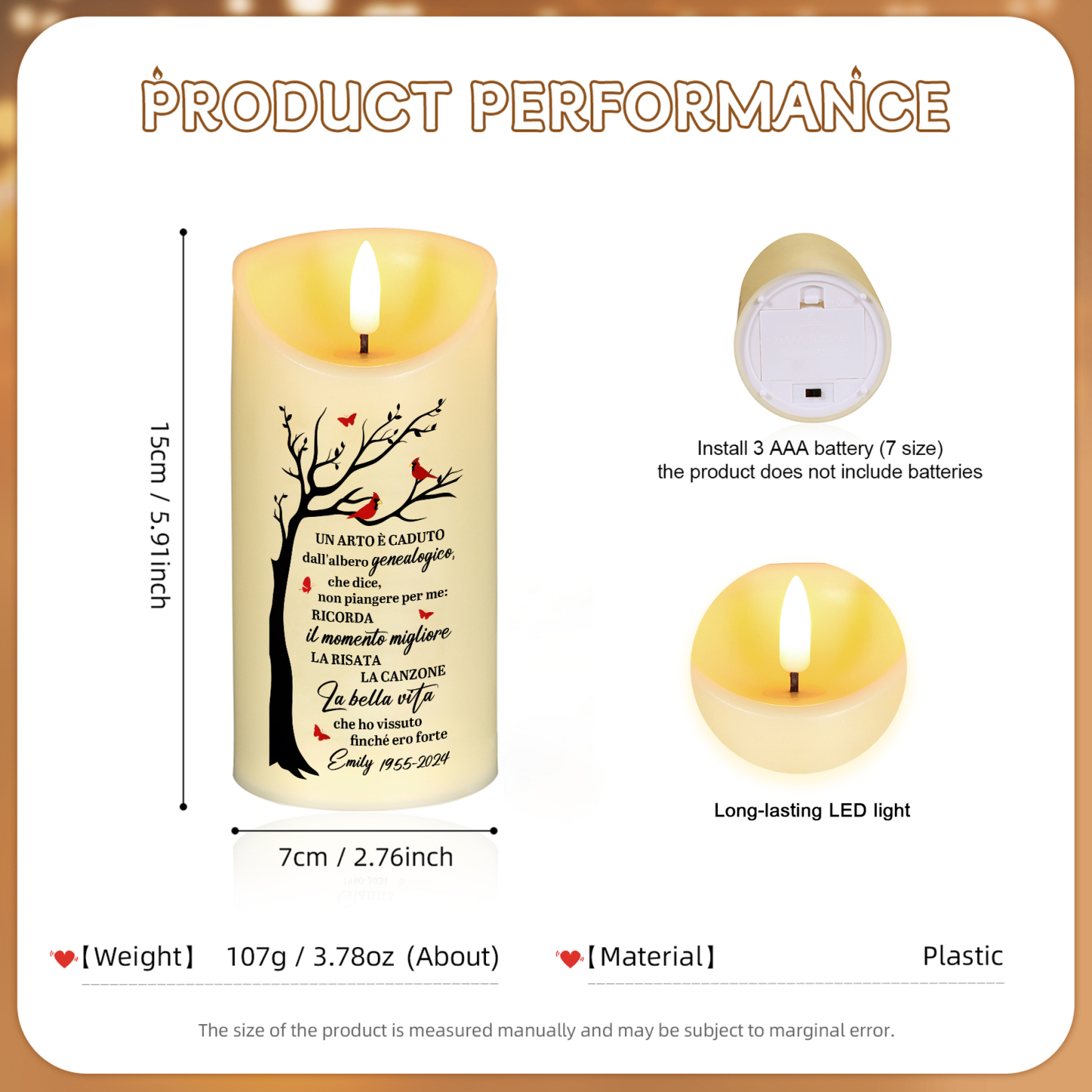 Candela LED Commemorativa Personalizzata con 1 Nome e 1 Data - "La Bella Vita" - Regalo di Natale per Famiglia | Jessemade