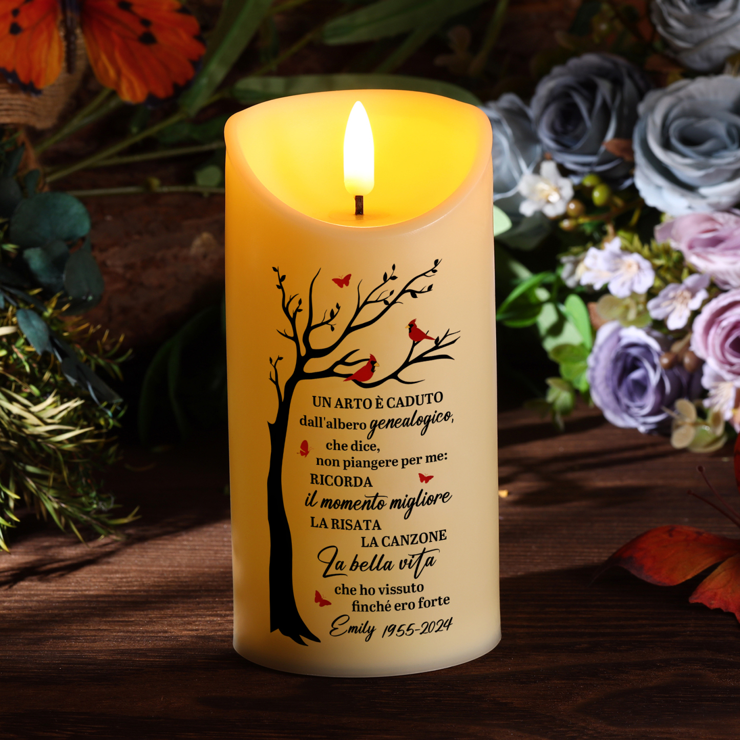 Candela LED Commemorativa Personalizzata con 1 Nome e 1 Data - "La Bel