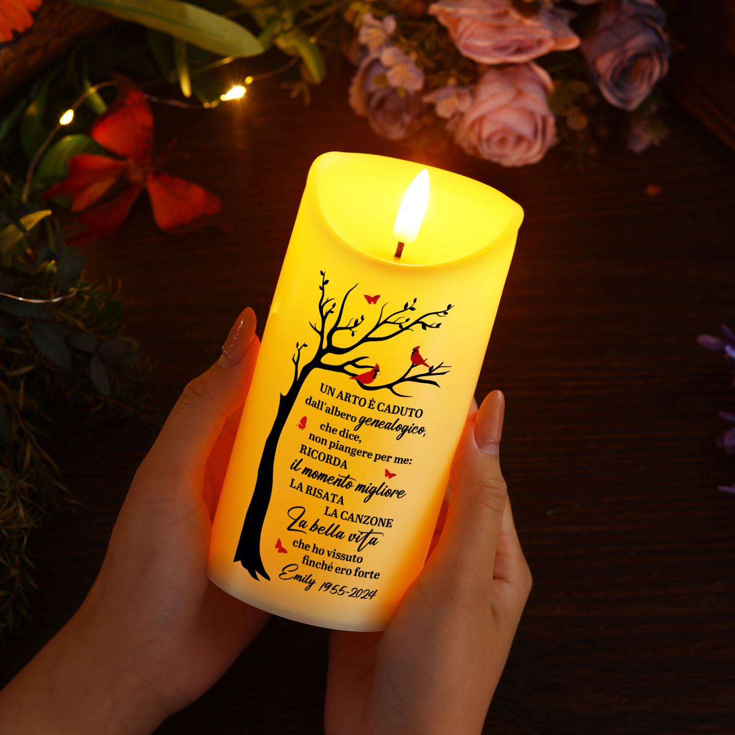 Candela LED Commemorativa Personalizzata con 1 Nome e 1 Data - "La Bella Vita" - Regalo di Natale per Famiglia | Jessemade