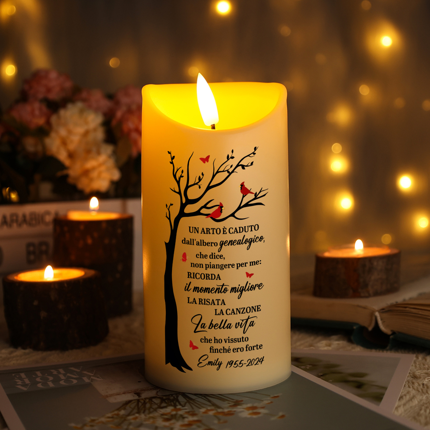Candela LED Commemorativa Personalizzata con 1 Nome e 1 Data - "La Bella Vita" - Regalo di Natale per Famiglia | Jessemade