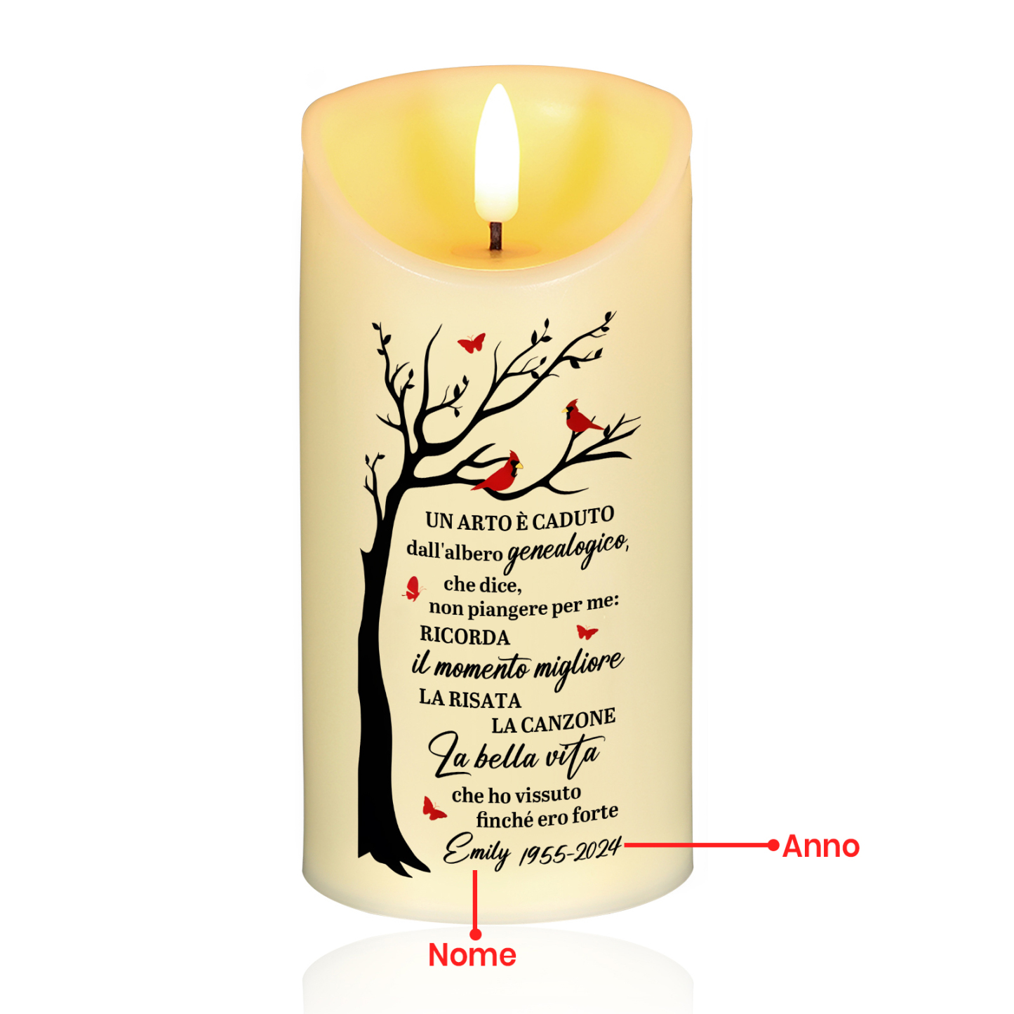 Candela LED Commemorativa Personalizzata con 1 Nome e 1 Data - "La Bella Vita" - Regalo di Natale per Famiglia | Jessemade