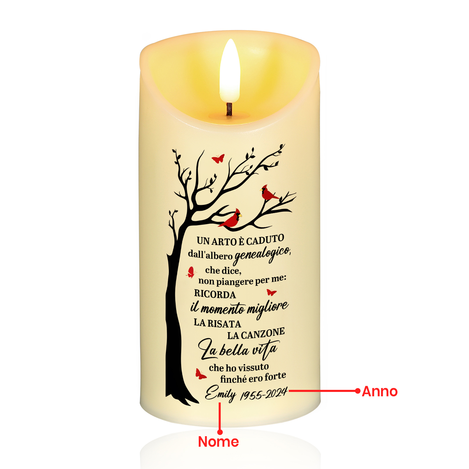 Candela LED Commemorativa Personalizzata con 1 Nome e 1 Data - "La Bella Vita" - Regalo di Natale per Famiglia | Jessemade