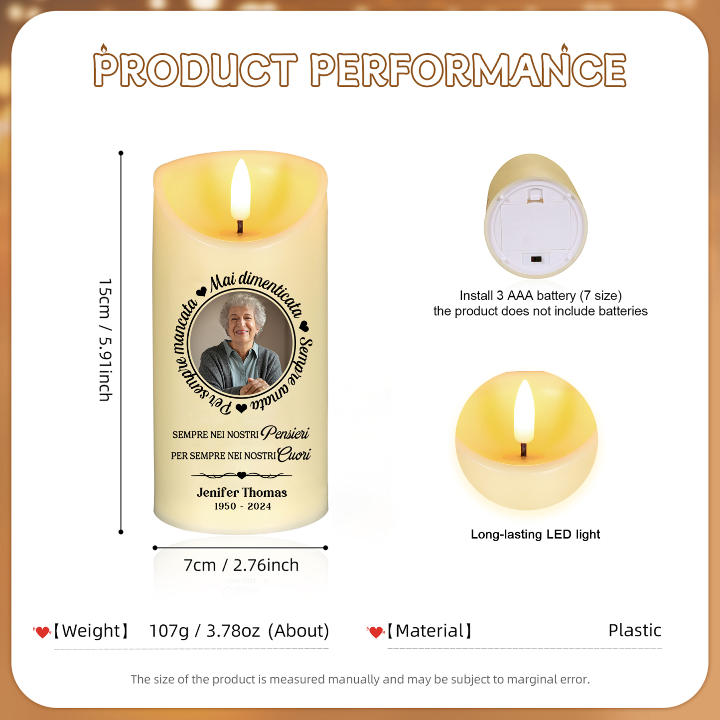 Candela LED Commemorativa Personalizzata con 1 Nome, 1 Foto e 1 Data - "Per Sempre nei Nostri Cuori" - Regalo di Natale per Famiglia | Jessemade
