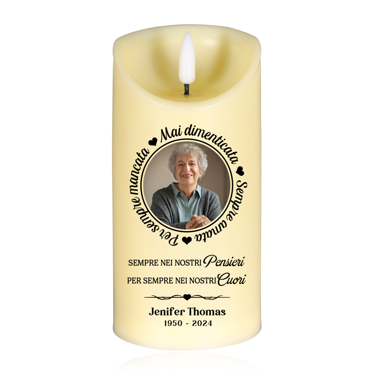 Candela LED Commemorativa Personalizzata con 1 Nome, 1 Foto e 1 Data - "Per Sempre nei Nostri Cuori" - Regalo di Natale per Famiglia | Jessemade