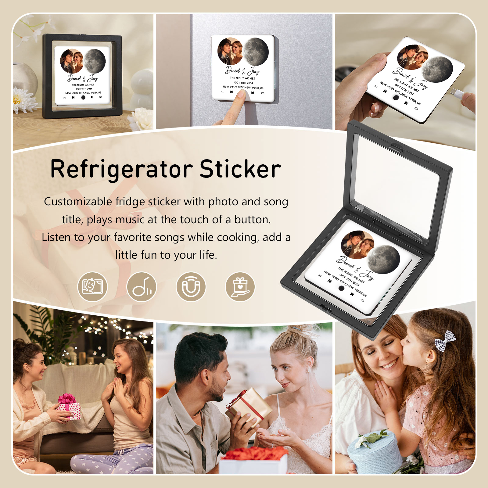 Magnete Personalizzato da Frigorifero con 2 Foto, 2 Nomi, 2 Testi, 1 Data e Disegno Fase Lunare – Regalo di San Valentino per Lei/Lui | Jessemade