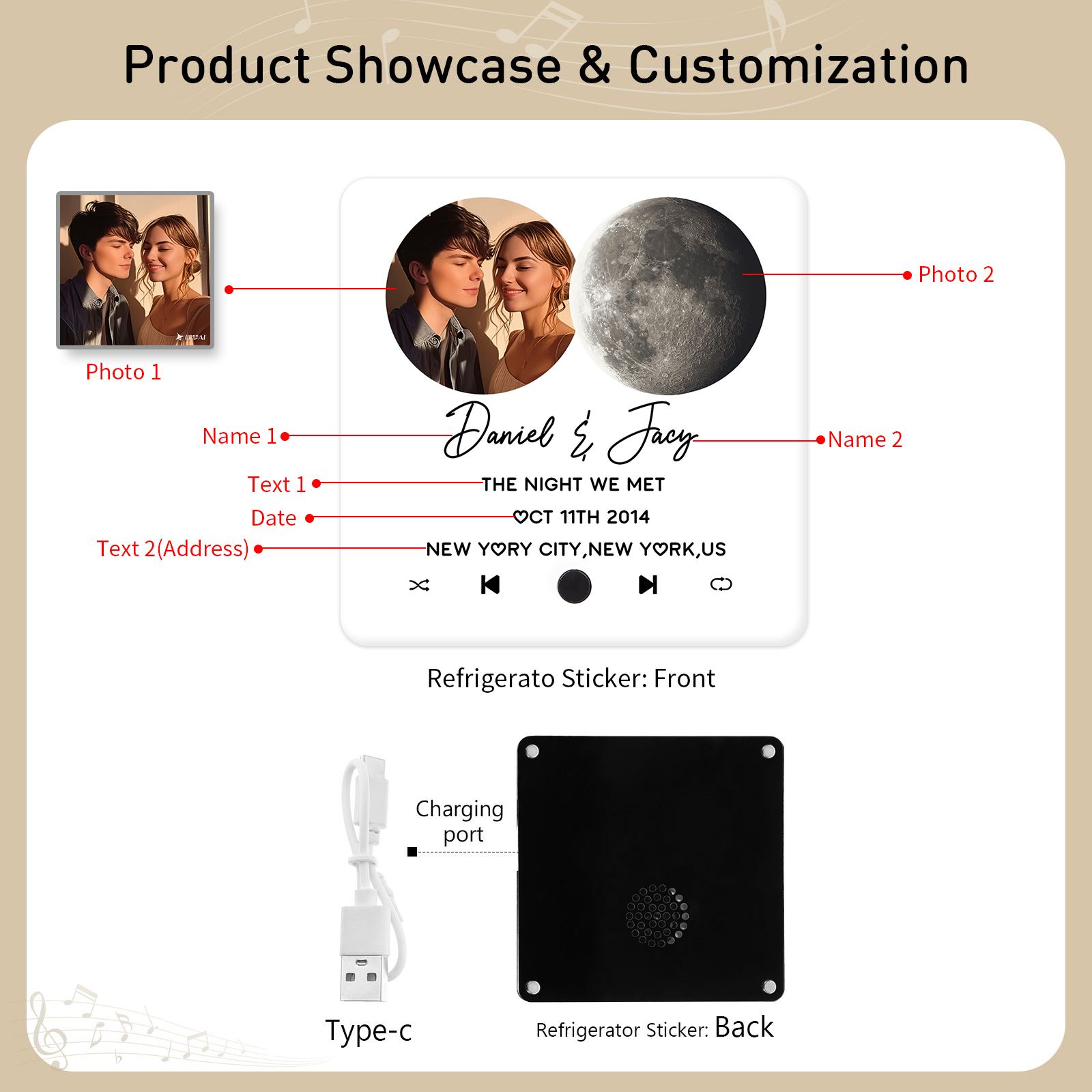 Magnete Personalizzato da Frigorifero con 2 Foto, 2 Nomi, 2 Testi, 1 Data e Disegno Fase Lunare – Regalo di San Valentino per Lei/Lui | Jessemade