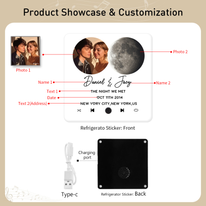 Magnete Personalizzato da Frigorifero con 2 Foto, 2 Nomi, 2 Testi, 1 Data e Disegno Fase Lunare – Regalo di San Valentino per Lei/Lui | Jessemade