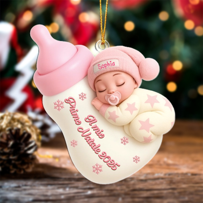 Decorazione per albero di Natale con neonato che dorme con il biberon, regalo per il primo Natale del bebè