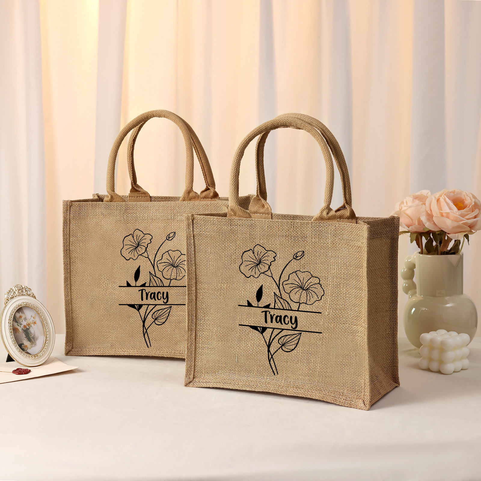 Borsa tote con 1 fiore di nascita e 1 nome personalizzato regalo per il ritorno a scuola