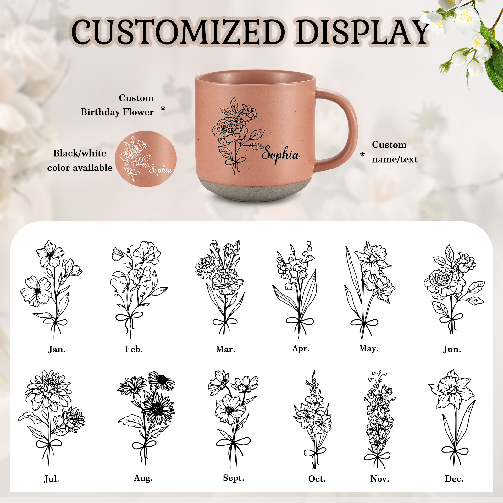 Tazza in ceramica con firoe di nascita e 1 nome personalizzabili per coppia/nonna/mamma