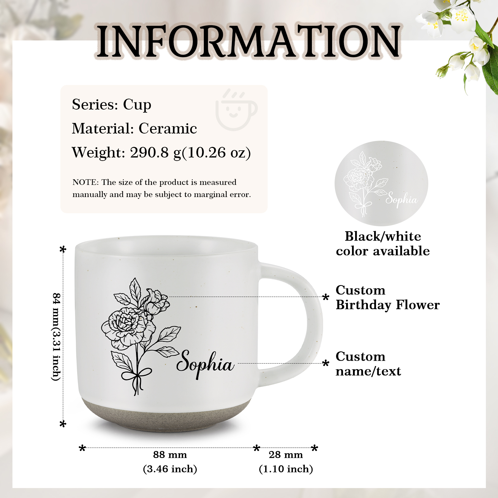 Tazza in ceramica con firoe di nascita e 1 nome personalizzabili per coppia/nonna/mamma
