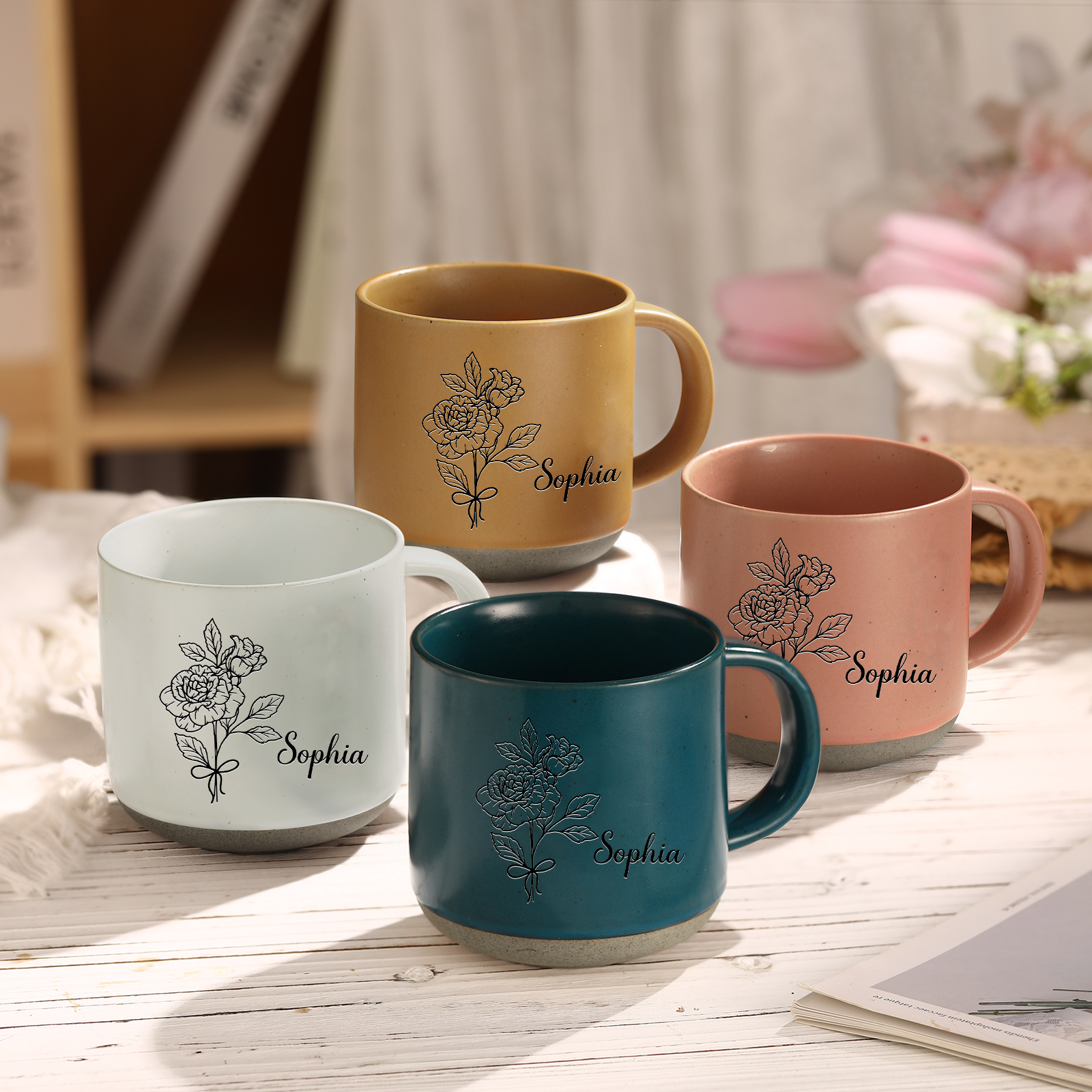 Tazza in ceramica con firoe di nascita e 1 nome personalizzabili per coppia/nonna/mamma