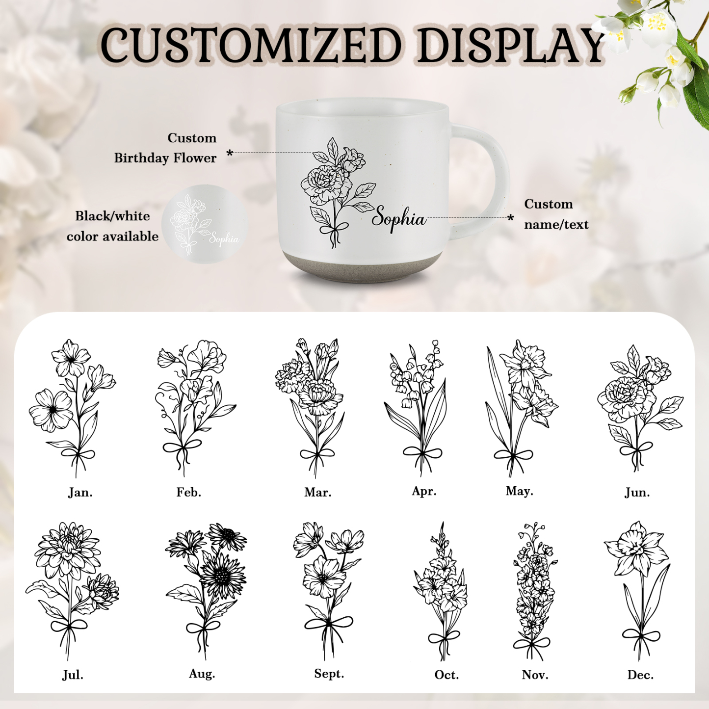 Tazza in ceramica con firoe di nascita e 1 nome personalizzabili per coppia/nonna/mamma