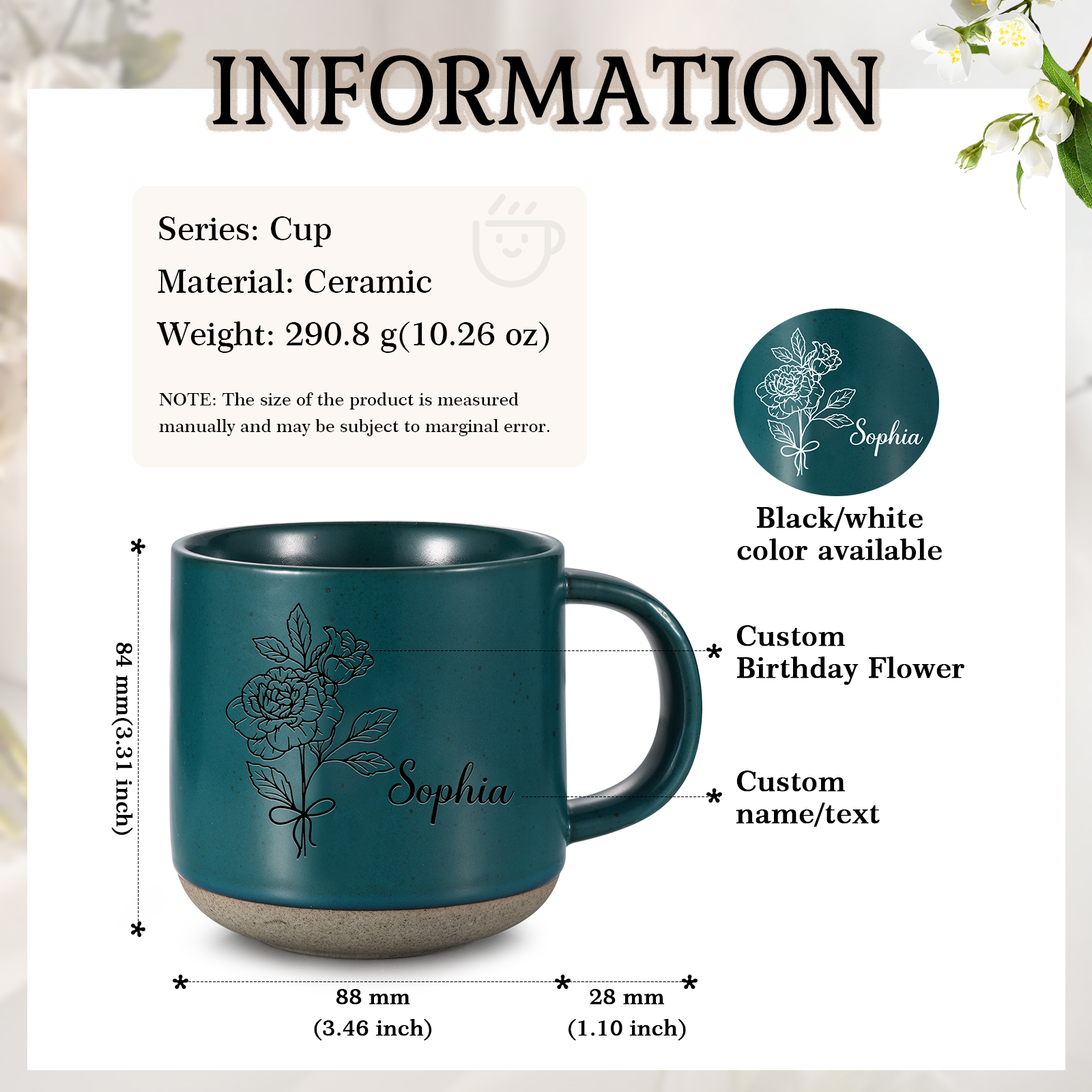 Tazza in ceramica con firoe di nascita e 1 nome personalizzabili per coppia/nonna/mamma