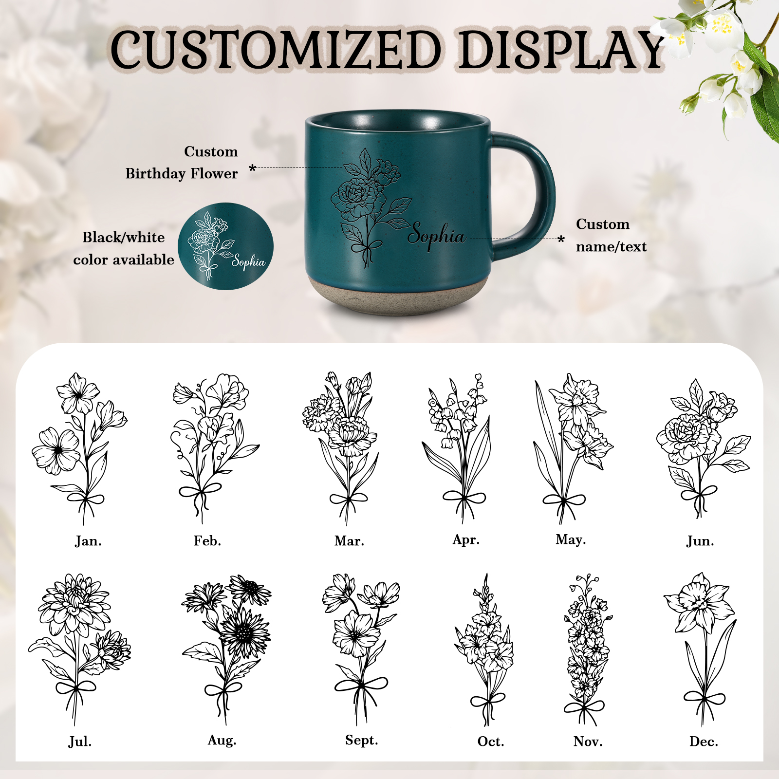 Tazza in ceramica con firoe di nascita e 1 nome personalizzabili per coppia/nonna/mamma