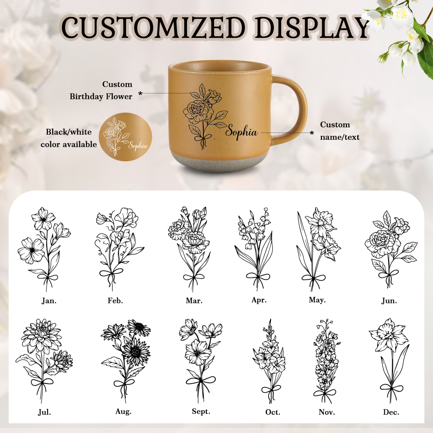 Tazza in ceramica con firoe di nascita e 1 nome personalizzabili per coppia/nonna/mamma