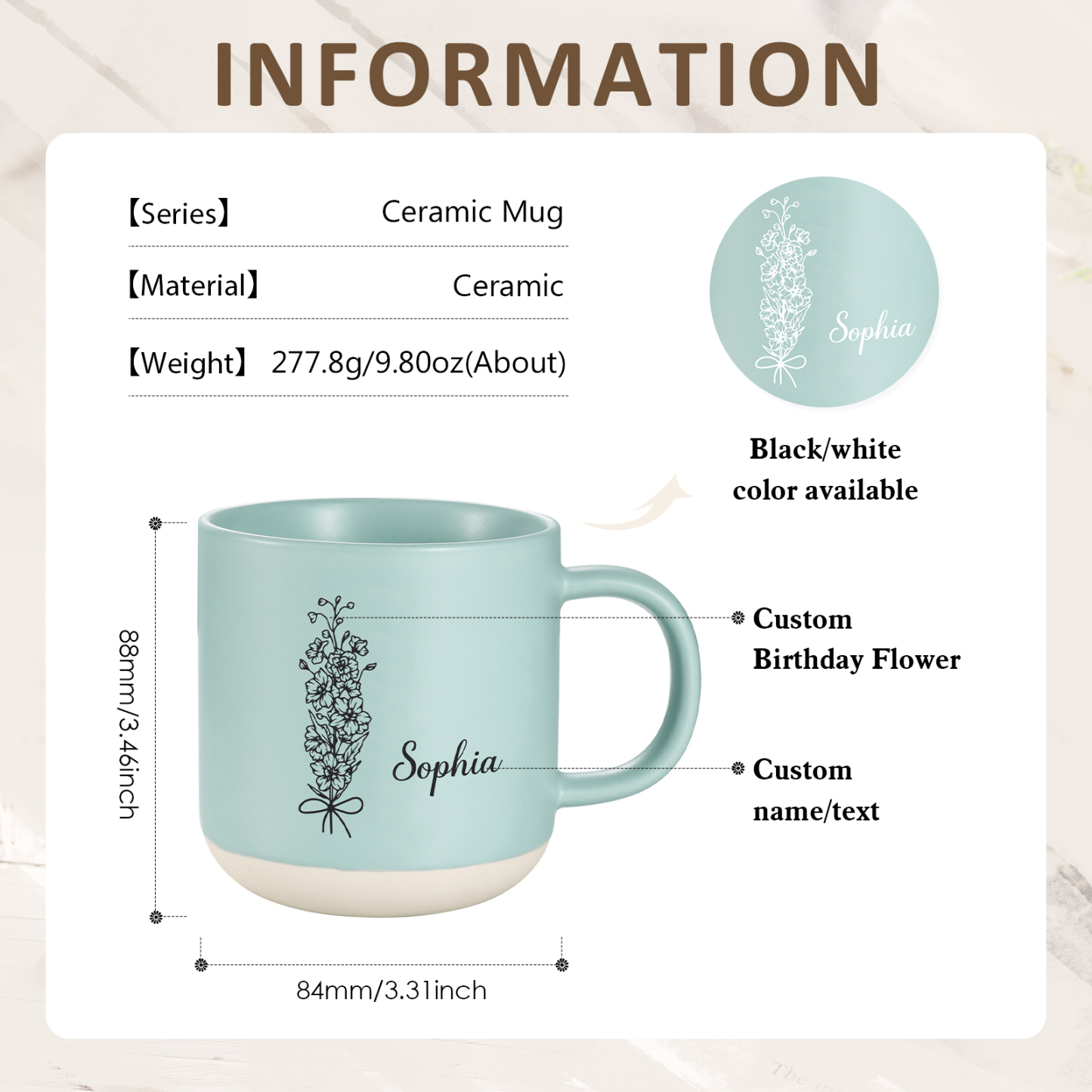 Tazza in ceramica con firoe di nascita e 1 nome personalizzabili per coppia/nonna/mamma multicolori da scegliere