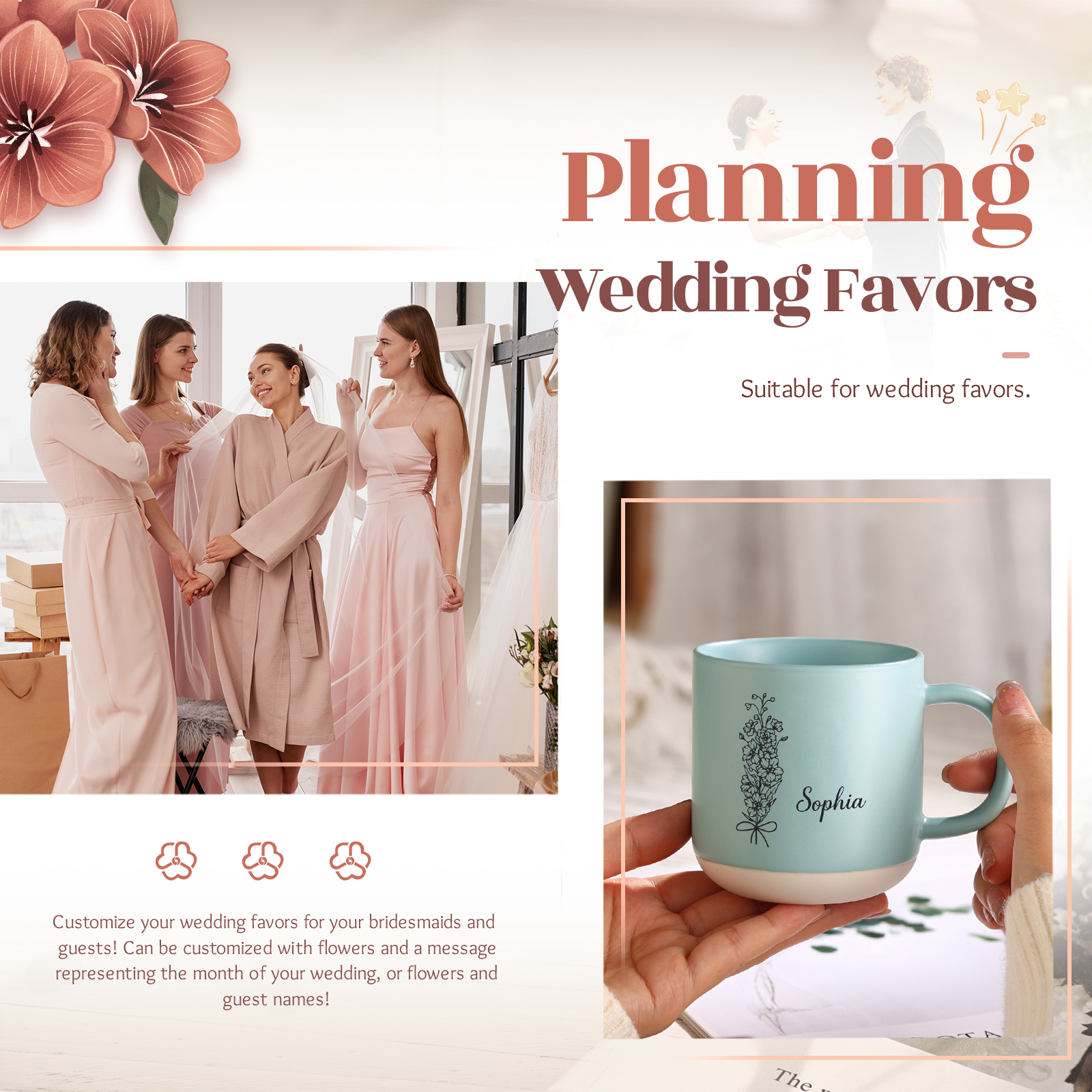 Tazza in ceramica con firoe di nascita e 1 nome personalizzabili per coppia/nonna/mamma multicolori da scegliere