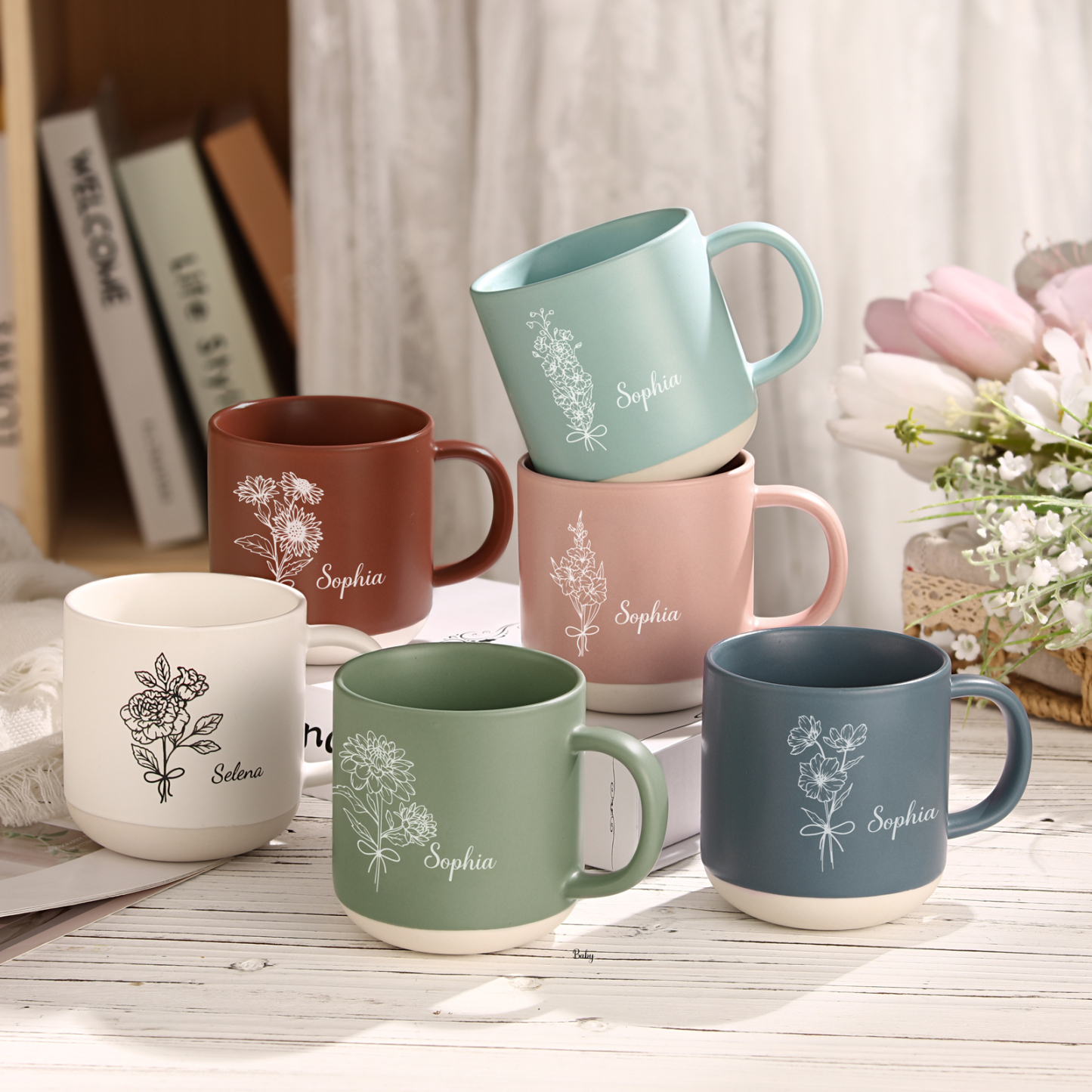 Tazza in ceramica con firoe di nascita e 1 nome personalizzabili per coppia/nonna/mamma multicolori da scegliere