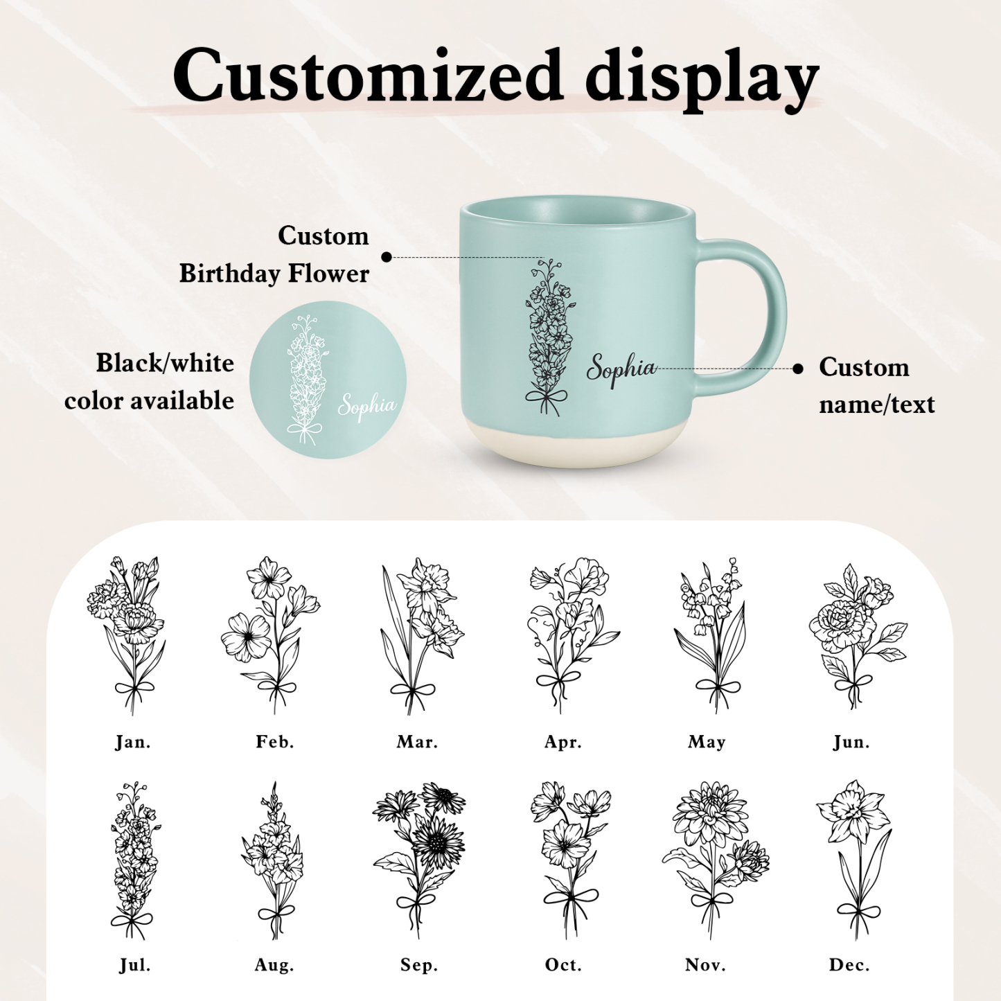 Tazza in ceramica con firoe di nascita e 1 nome personalizzabili per coppia/nonna/mamma multicolori da scegliere