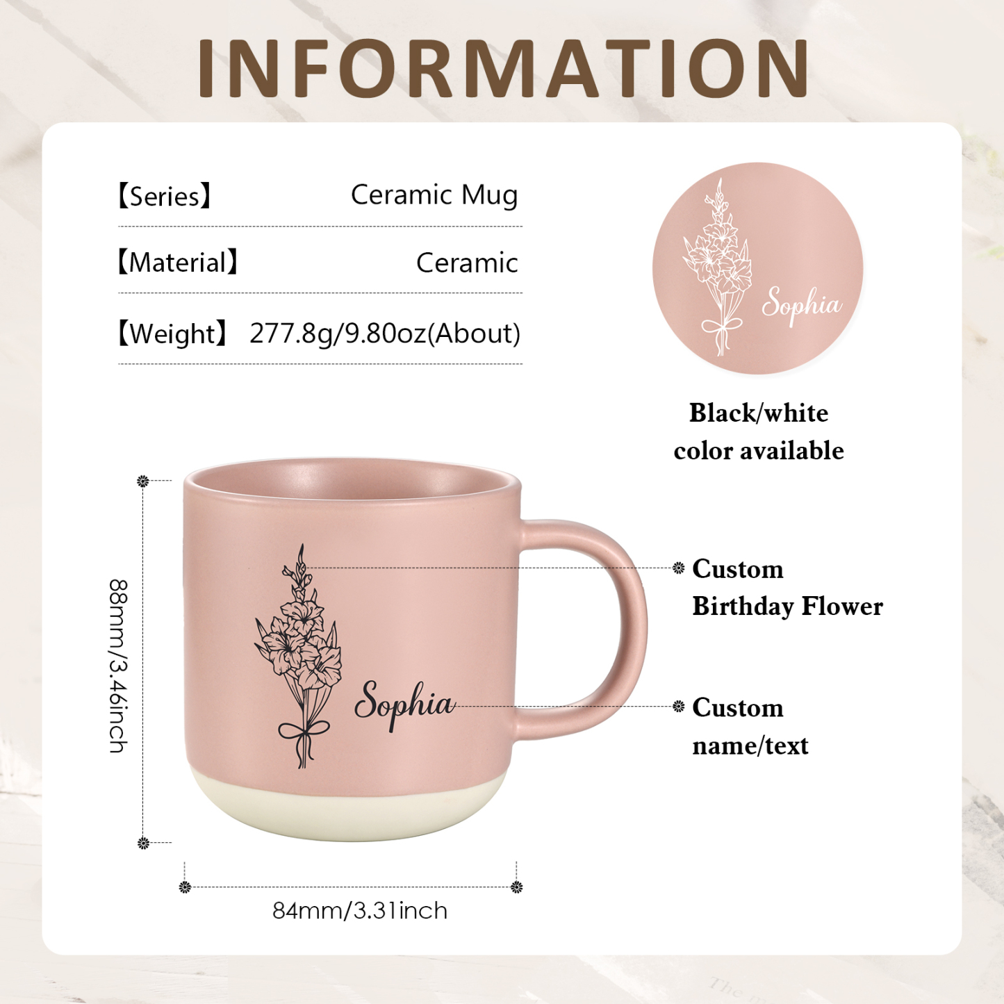 Tazza in ceramica con firoe di nascita e 1 nome personalizzabili per coppia/nonna/mamma multicolori da scegliere