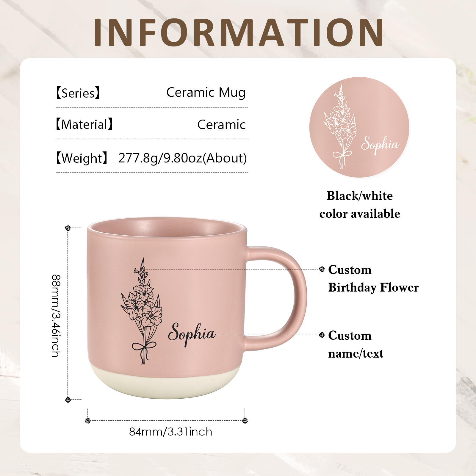 Tazza in ceramica con firoe di nascita e 1 nome personalizzabili per coppia/nonna/mamma multicolori da scegliere