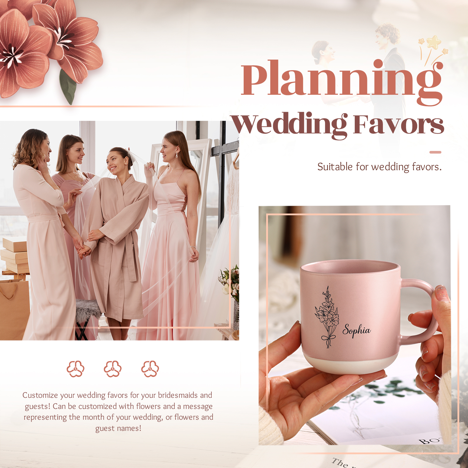 Tazza in ceramica con firoe di nascita e 1 nome personalizzabili per coppia/nonna/mamma multicolori da scegliere