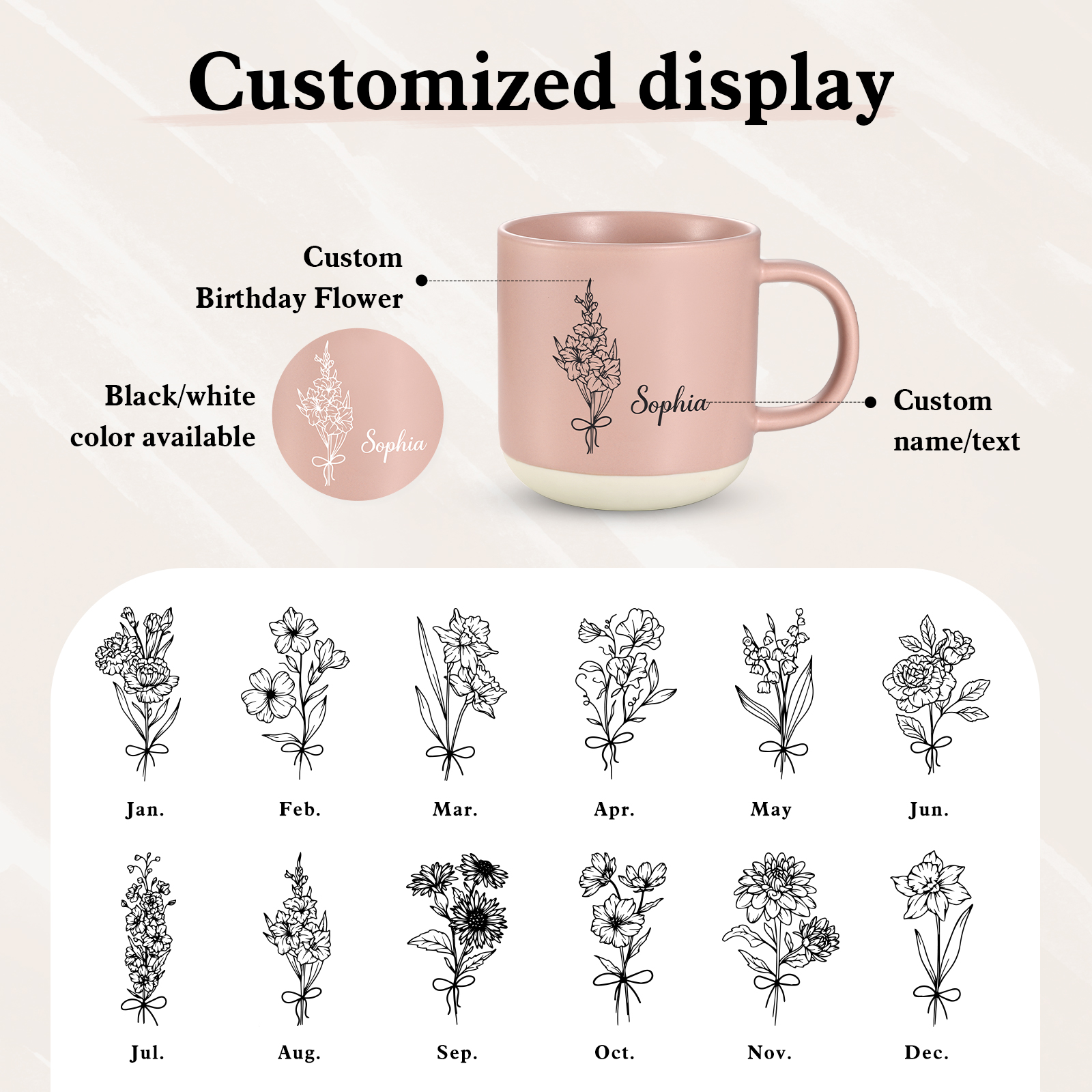 Tazza in ceramica con firoe di nascita e 1 nome personalizzabili per coppia/nonna/mamma multicolori da scegliere