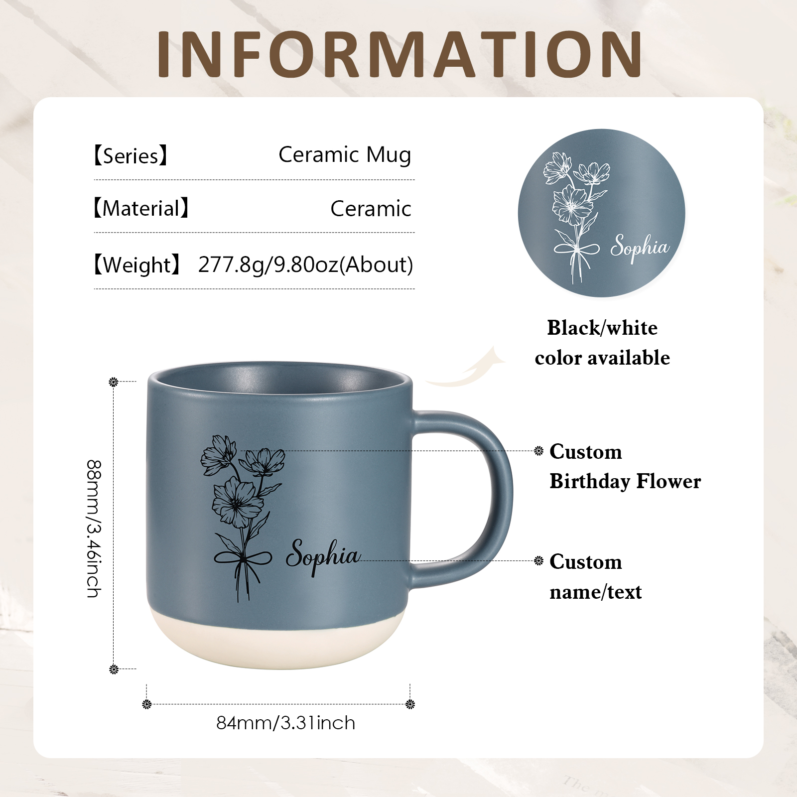 Tazza in ceramica con firoe di nascita e 1 nome personalizzabili per coppia/nonna/mamma multicolori da scegliere