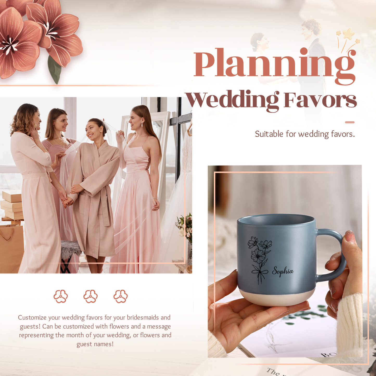 Tazza in ceramica con firoe di nascita e 1 nome personalizzabili per coppia/nonna/mamma multicolori da scegliere