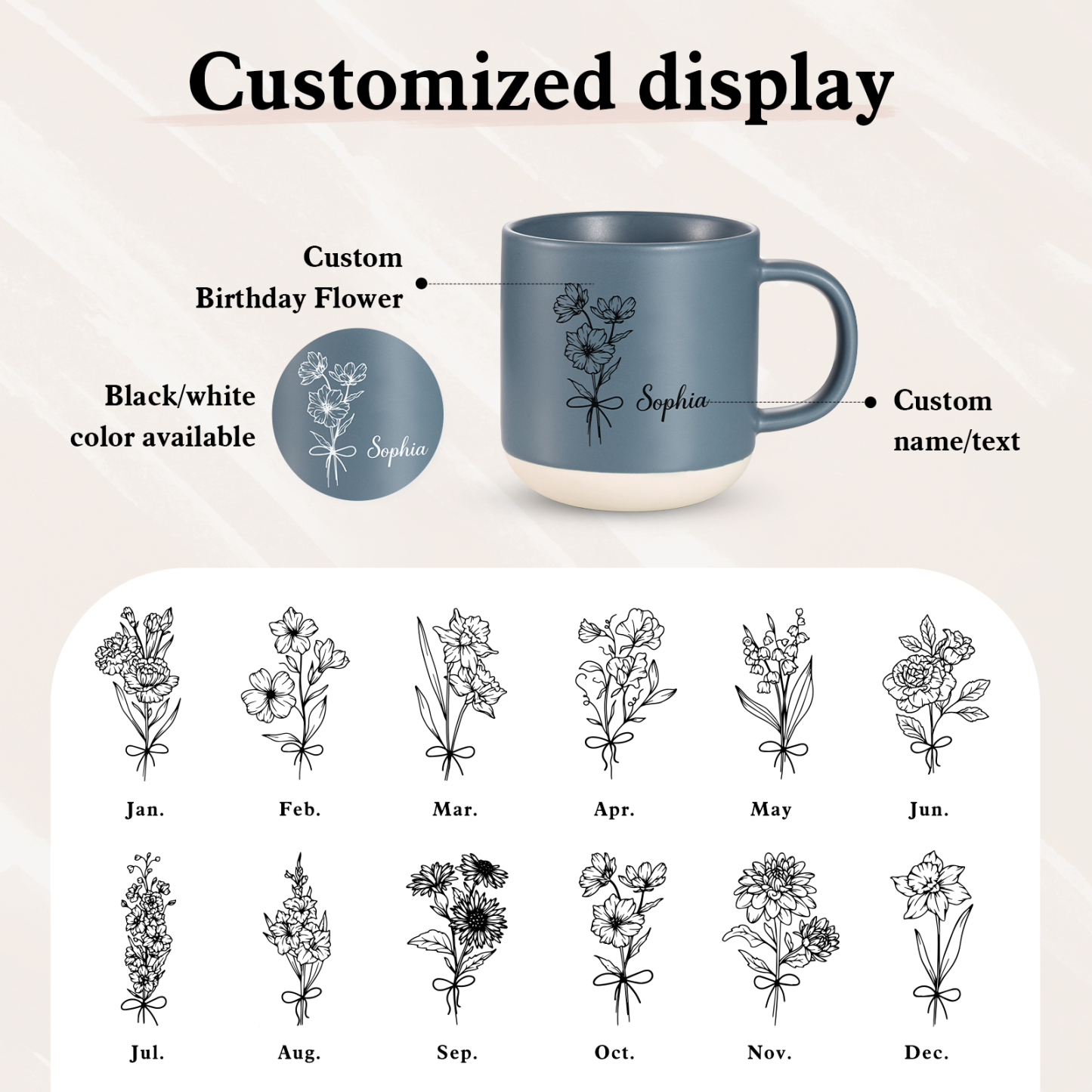 Tazza in ceramica con firoe di nascita e 1 nome personalizzabili per coppia/nonna/mamma multicolori da scegliere