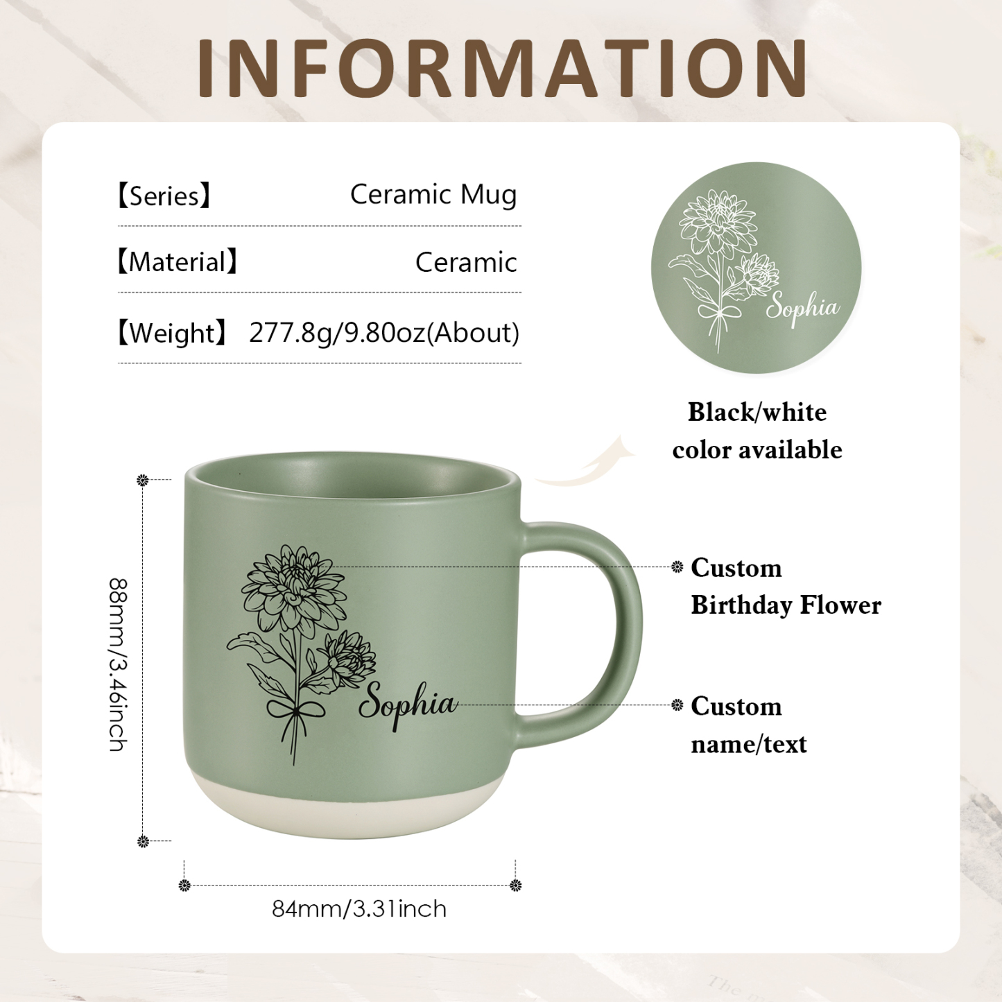 Tazza in ceramica con firoe di nascita e 1 nome personalizzabili per coppia/nonna/mamma multicolori da scegliere