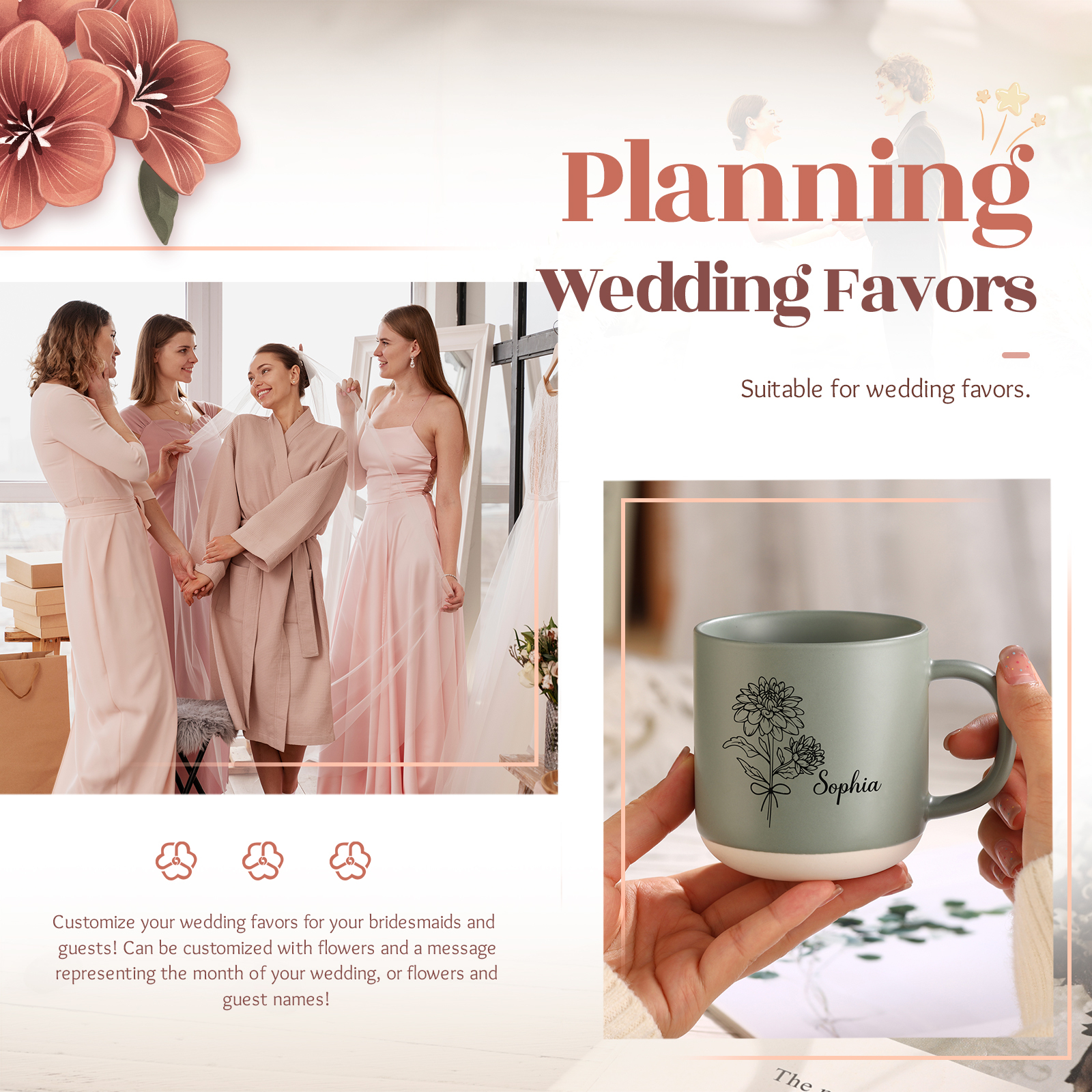 Tazza in ceramica con firoe di nascita e 1 nome personalizzabili per coppia/nonna/mamma multicolori da scegliere