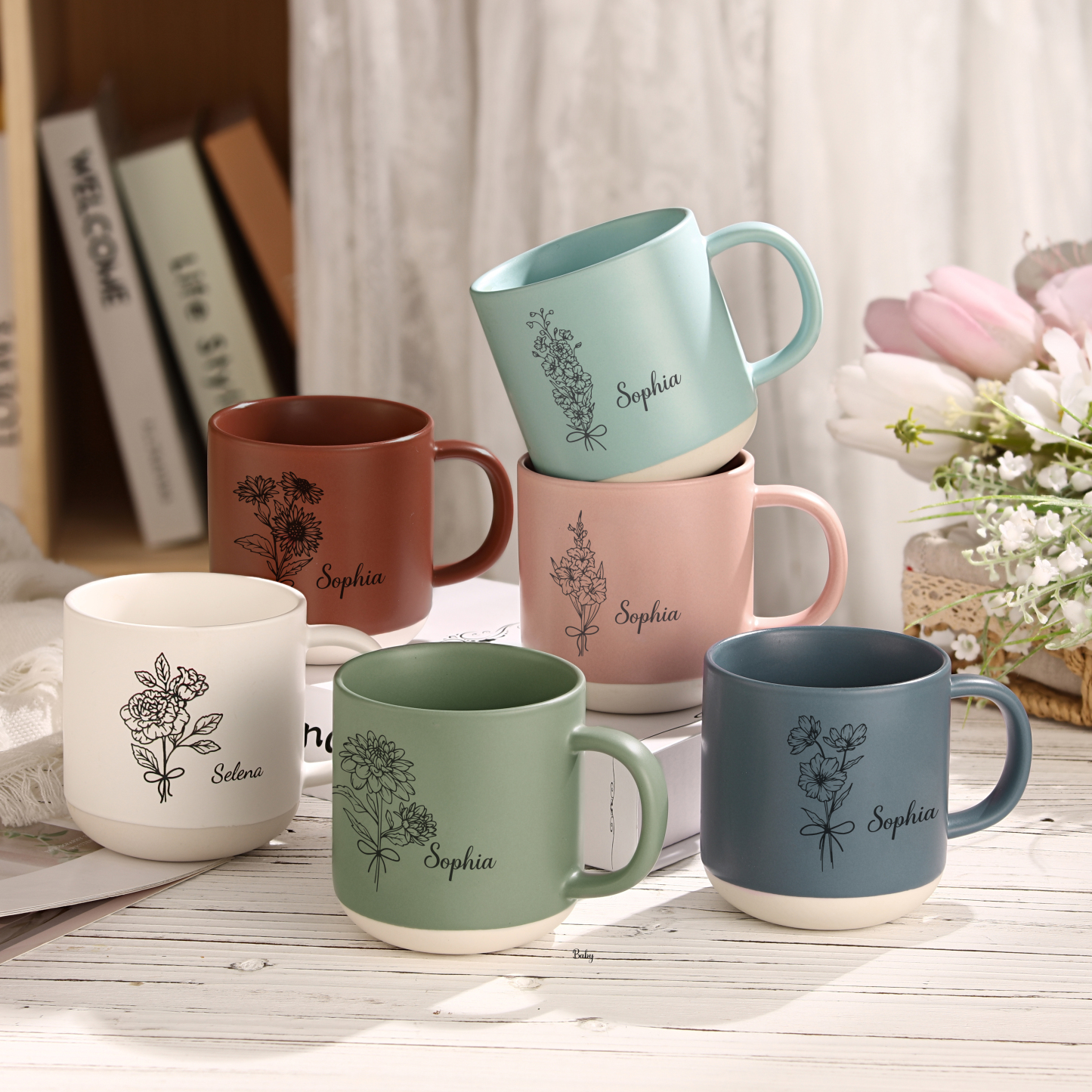 Tazza in ceramica con firoe di nascita e 1 nome personalizzabili per coppia/nonna/mamma multicolori da scegliere