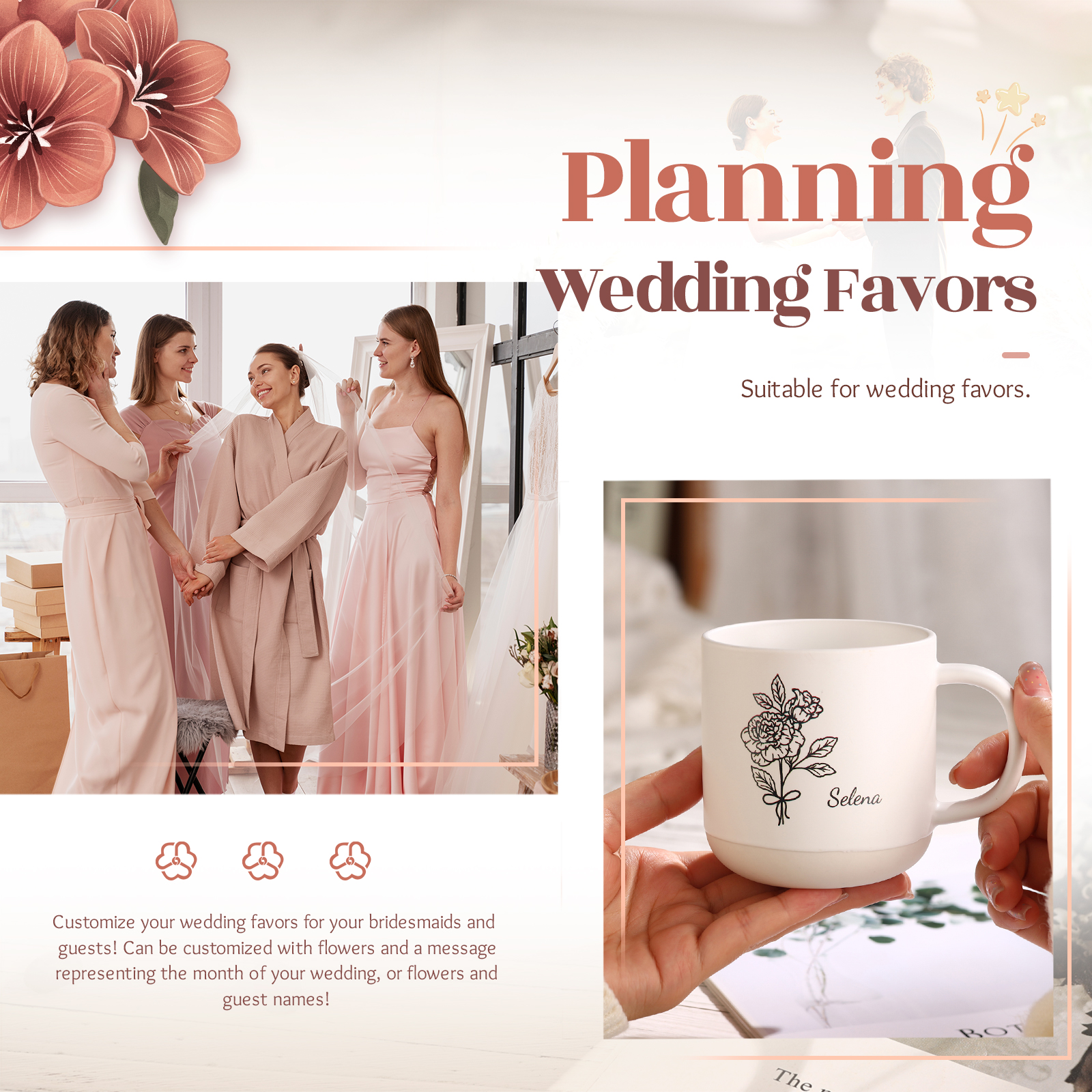 Tazza in ceramica con firoe di nascita e 1 nome personalizzabili per coppia/nonna/mamma multicolori da scegliere